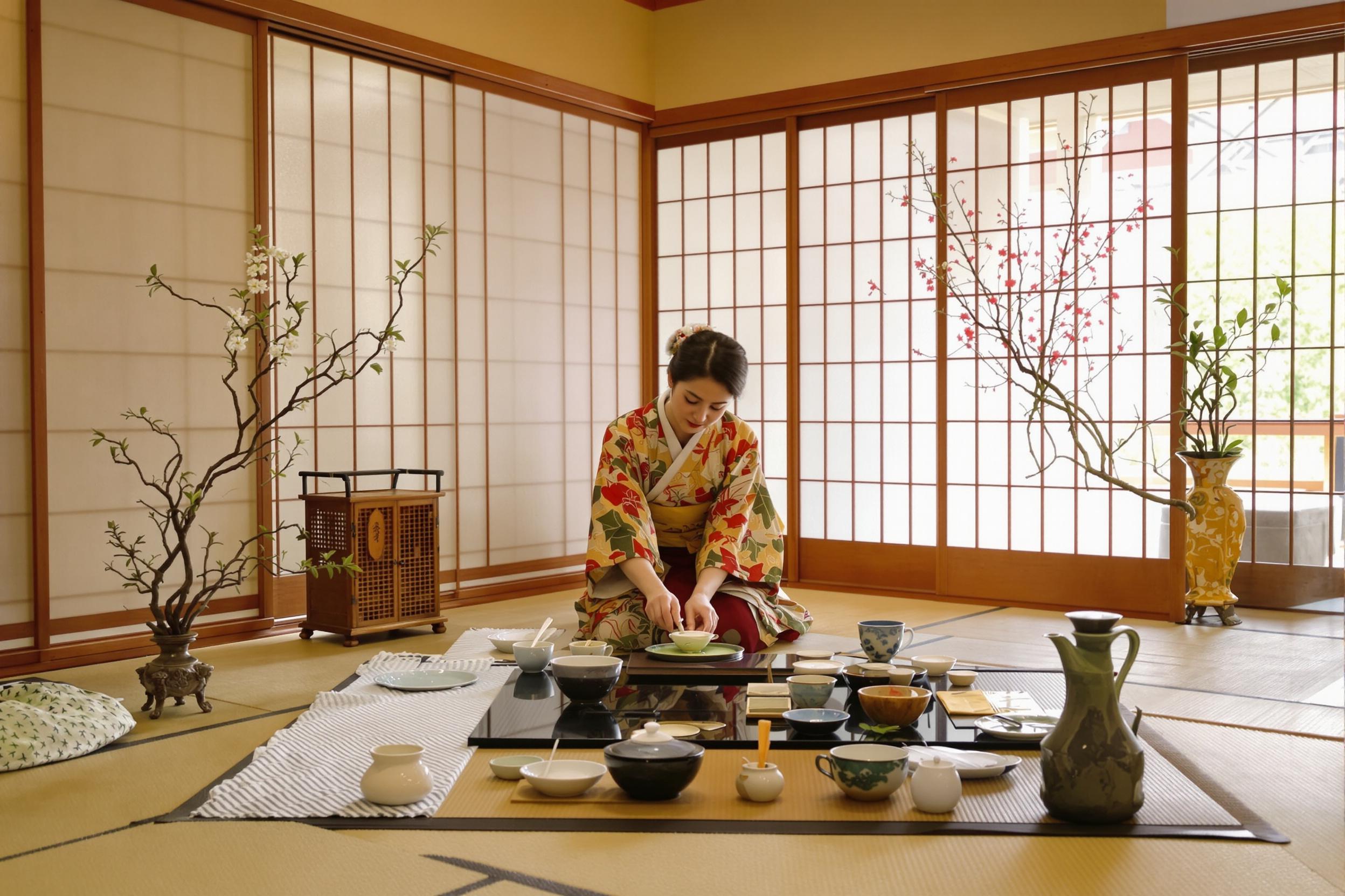 Serene Japanese tea ceremony in a traditional tatami room. Kimono-clad host gracefully prepares matcha, surrounded by authentic utensils and ikebana arrangement. Soft natural light filters through shoji screens, creating a tranquil atmosphere.