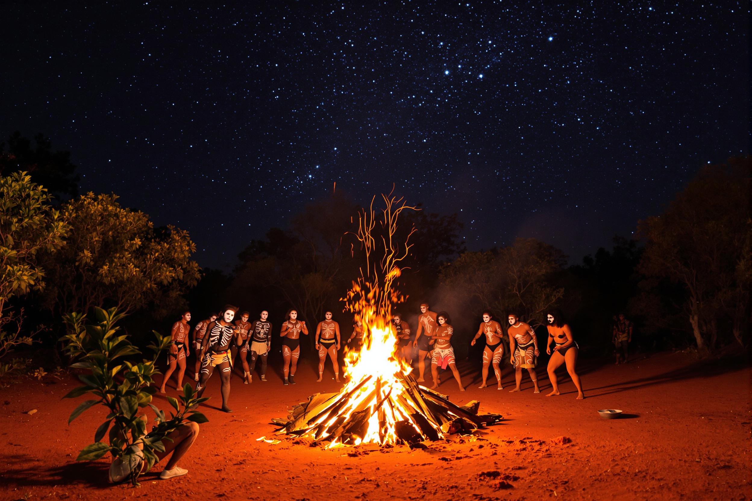 Powerful Aboriginal corroboree ceremony in the Australian Outback. Dancers with intricate body paint perform around a blazing bonfire. Didgeridoo player in foreground, starry night sky above. Red earth and native flora frame the scene, embodying ancient traditions.