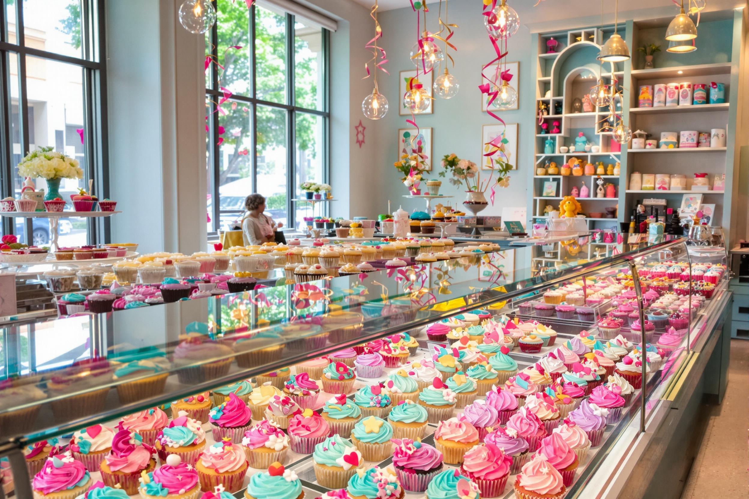 An inviting cupcake shop bursts with color as an array of sweet treats delight the senses. Rows of beautifully decorated cupcakes rest in glass display cases, adorned with intricate frosting designs in vibrant shades of pink, blue, and yellow. The pastel palette is enhanced by soft natural light filtering through large windows, creating a warm, welcoming ambiance.