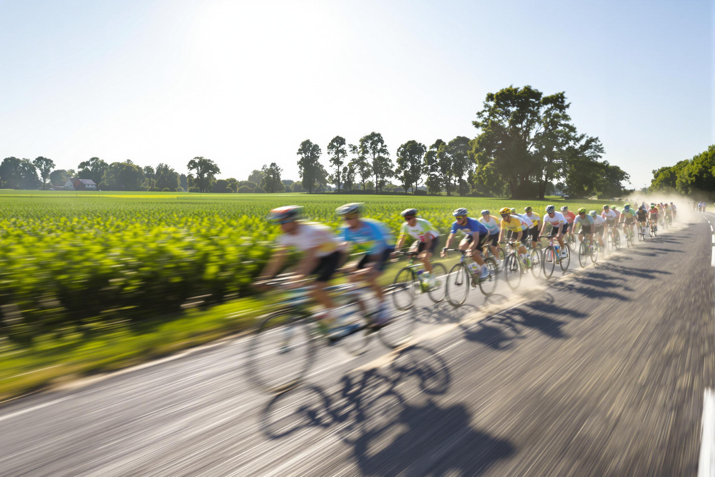 A dynamic scene captures a group of determined cyclists racing along a rural road under the bright midday sun. Their colorful jerseys blur with motion as they pedal vigorously, displaying a range of speeds. Lush green fields stretch alongside the paved path, while trees stand tall in the distance, framing the exciting sprint. Dust kicks up from their tires, adding to the sense of speed and competition.