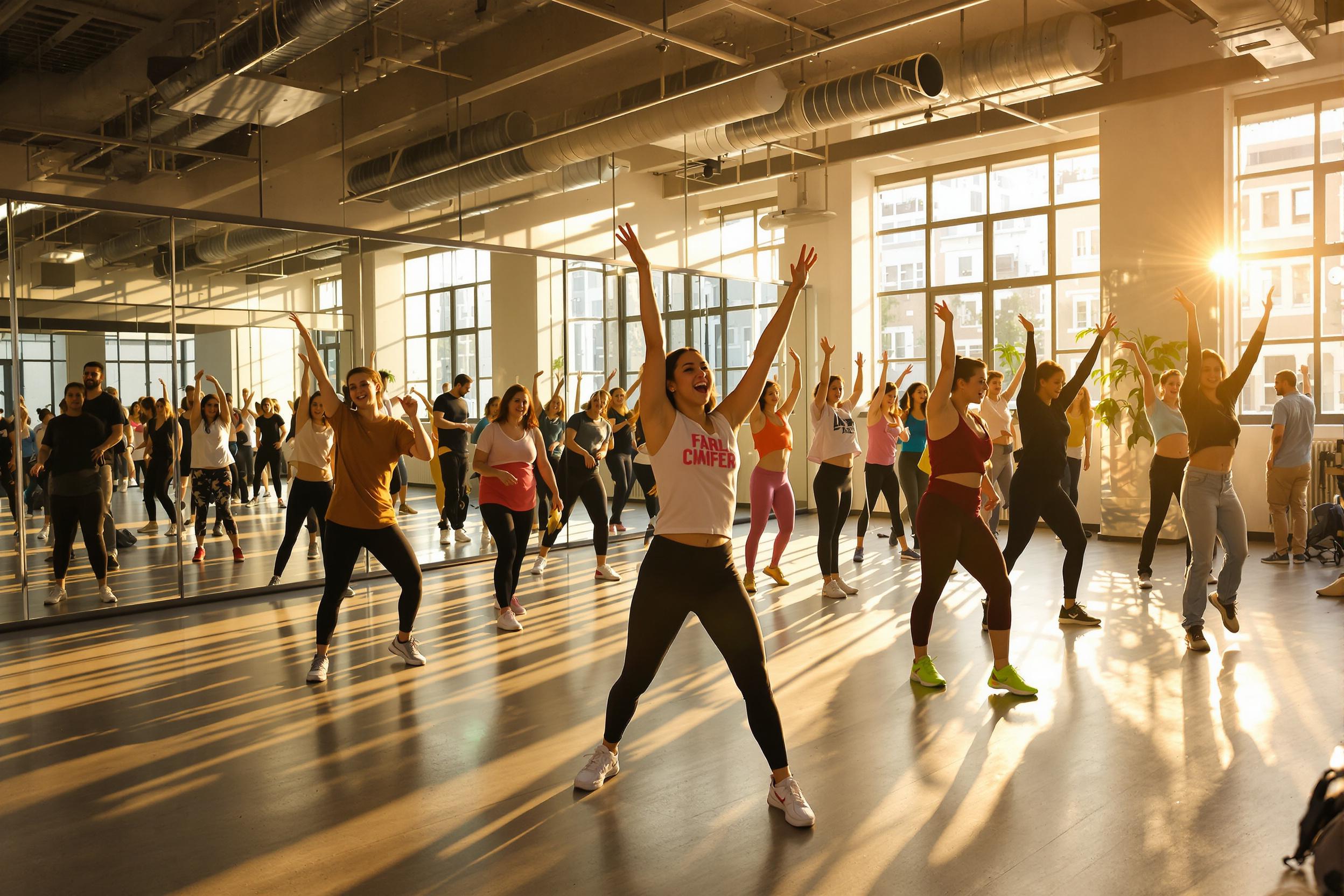 A bustling dance class takes place in an urban studio as participants move in sync with music. The sun streams through large windows, casting golden light on their expressive movements. Colorful outfits add energy, while mirrored walls reflect the joy of the dancers, creating a dynamic atmosphere filled with creativity.