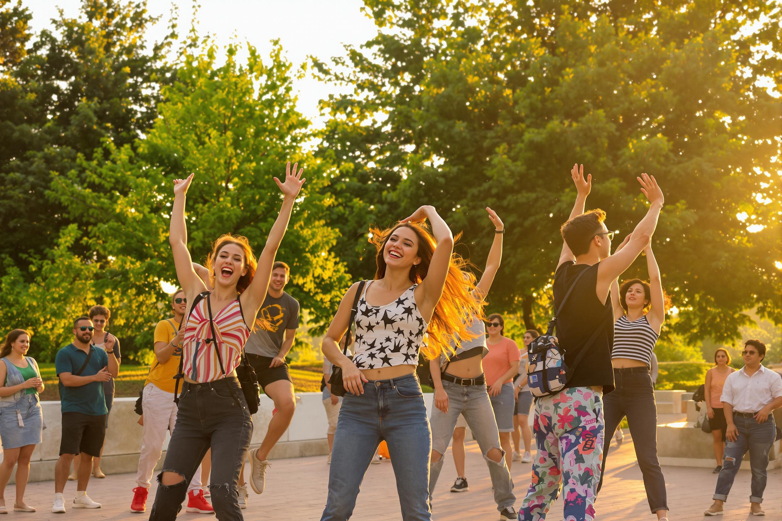 A group of young adults performs an energetic dance routine in a vibrant park, illuminated by the warm golden light of sunset. Their synchronized movements capture joy and enthusiasm, set against a backdrop of lush greenery. Some spectators watch with smiles, adding to the lively atmosphere of community and expression.