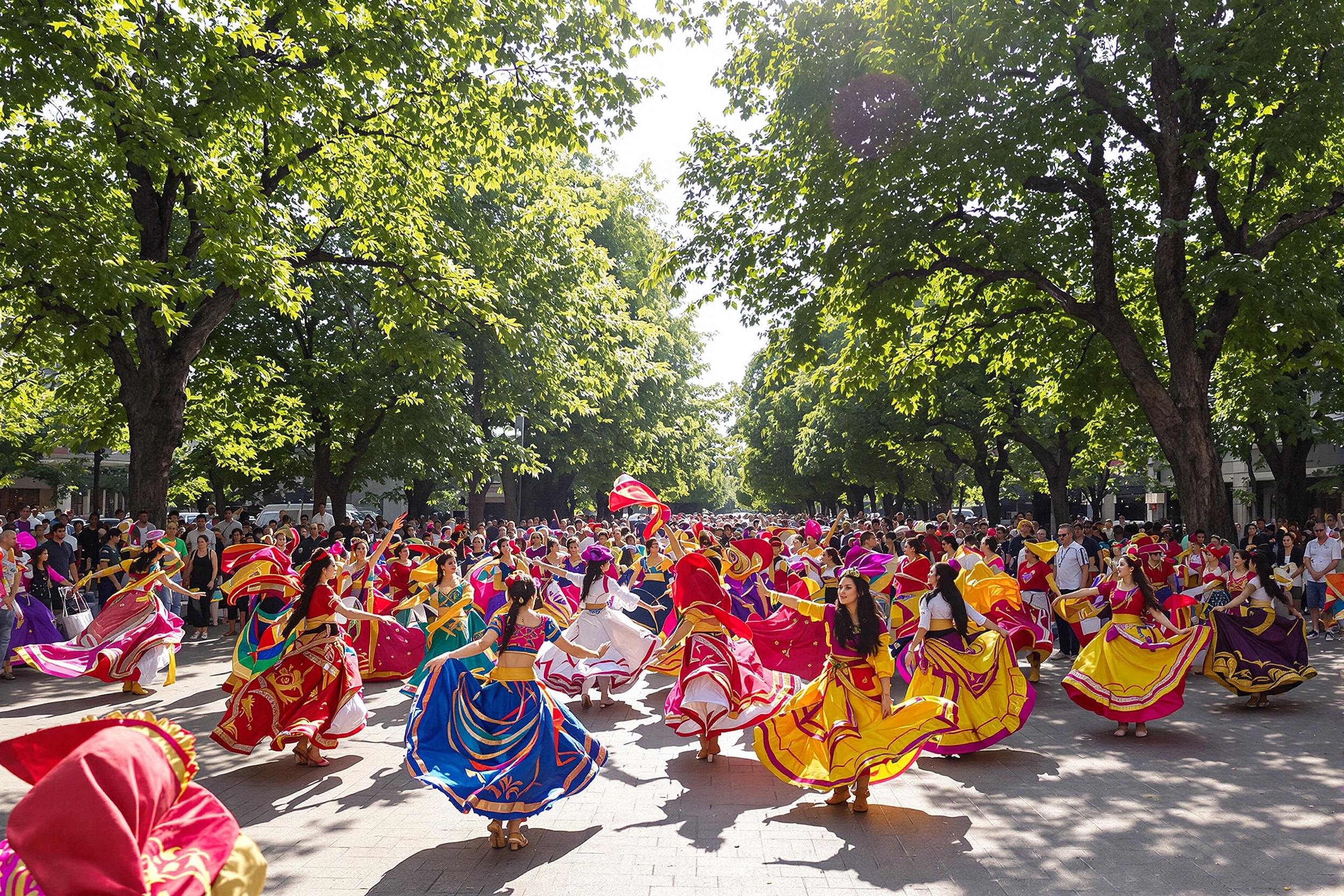 A vibrant celebration unfolds in a lively urban park, filled with diverse groups of dancers showcasing traditional outfits in a kaleidoscope of colors. Sunlight dances over the scene, highlighting swirling fabrics and joyful expressions as spectators gather around. Lush green trees frame the joyful atmosphere, creating a festive backdrop that captures cultural unity.