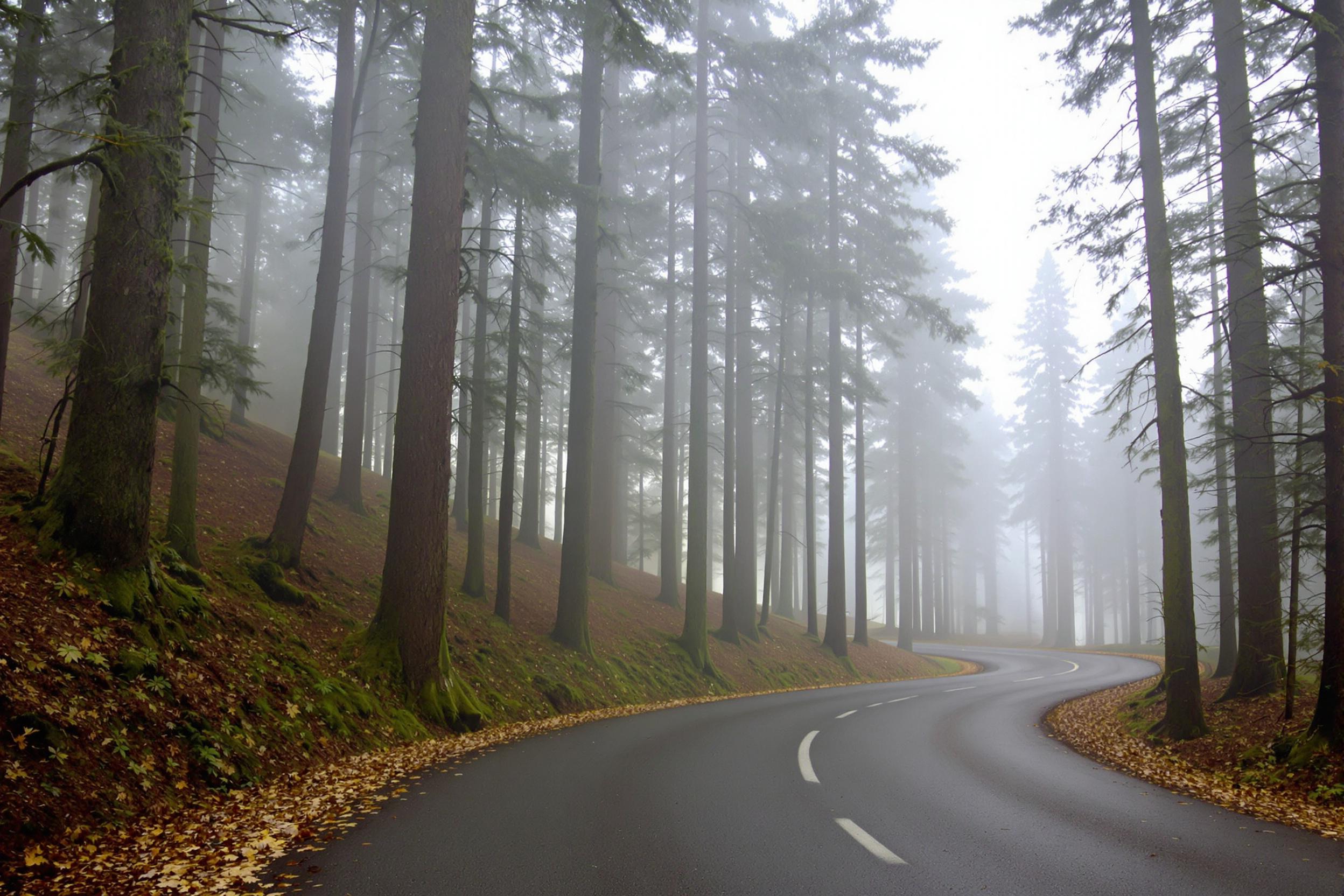 A winding mountain road weaves through a mist-shrouded forest of towering pines. Soft morning light filters faintly through the dense fog, muting colors and creating a moody, atmospheric scene. The smooth asphalt contrasts with the rugged textures of moss-covered trunks and fallen leaves lining the roadside.