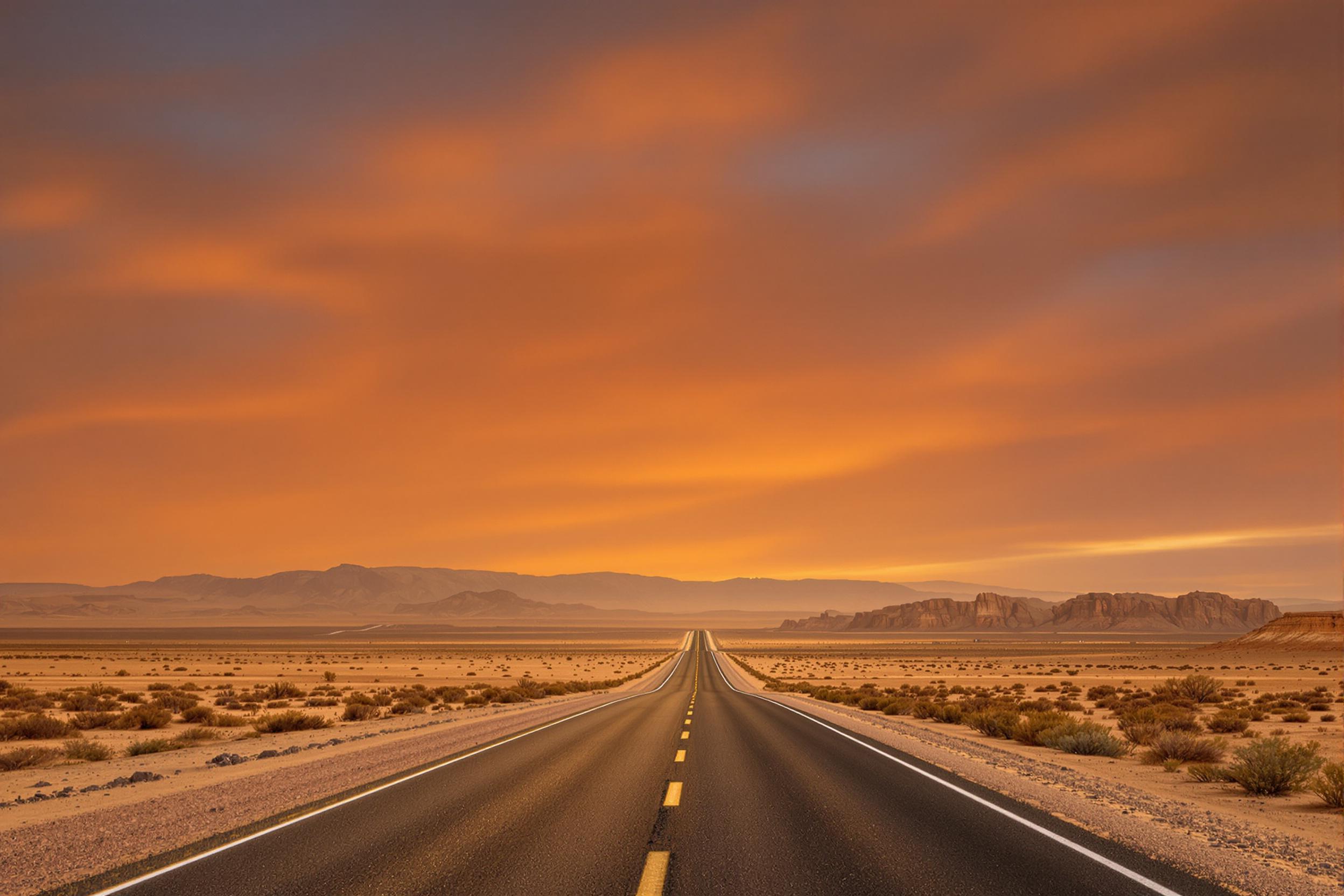 A solitary desert highway stretches straight against a sunlit golden hour backdrop. Low angles cast long shadows across the sandy terrain, leading the eye toward distant rocky canyons under a vast, rich gradient sky that shifts from deep orange to soft indigo. Sparse vegetation contrasts against layers of arid hues.