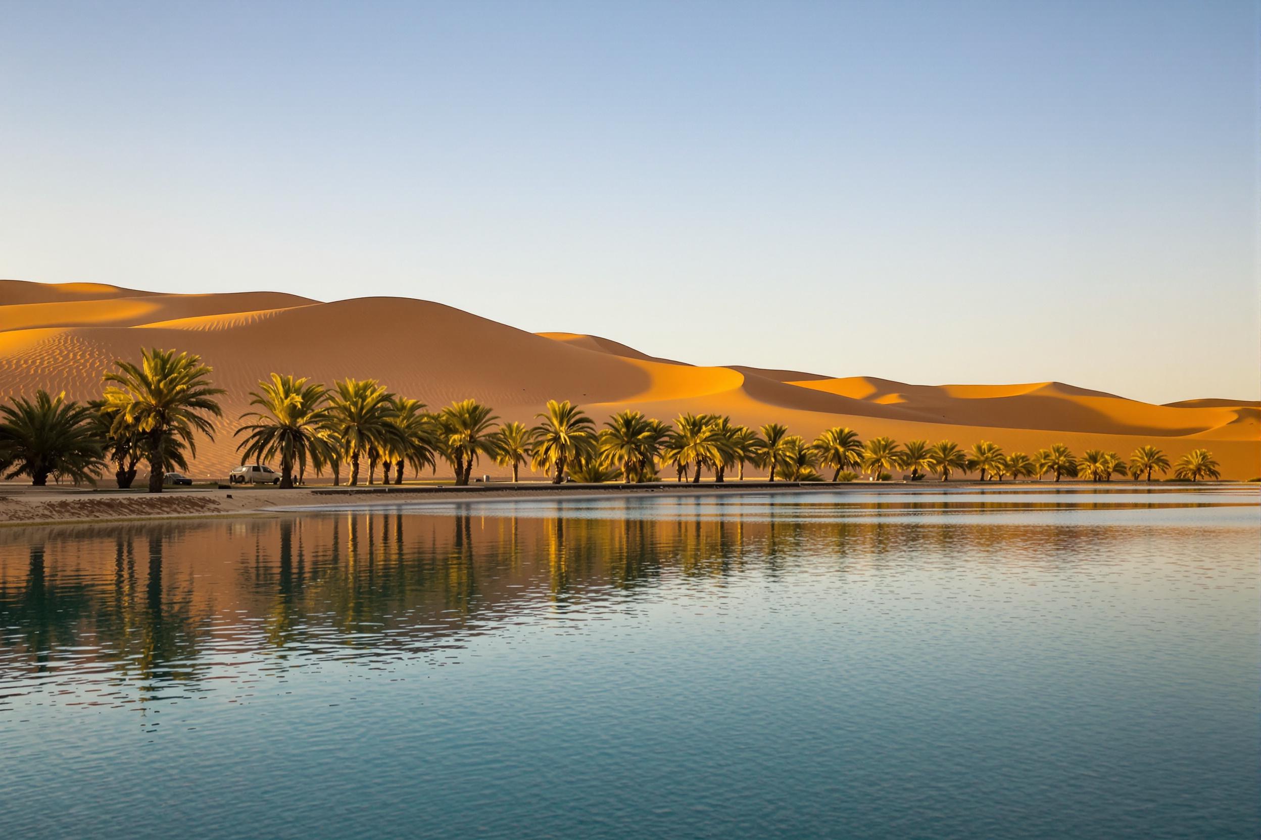 Within a vast desert lies a secluded oasis, its calm, reflective waters lined with vibrant green palm trees. Golden hues of the setting sun bathe the scene in warmth, contrasting with the cool blue tones of the water. Rolling sand dunes rise in the background, their intricate ripples catching soft shadows and glowing highlights.