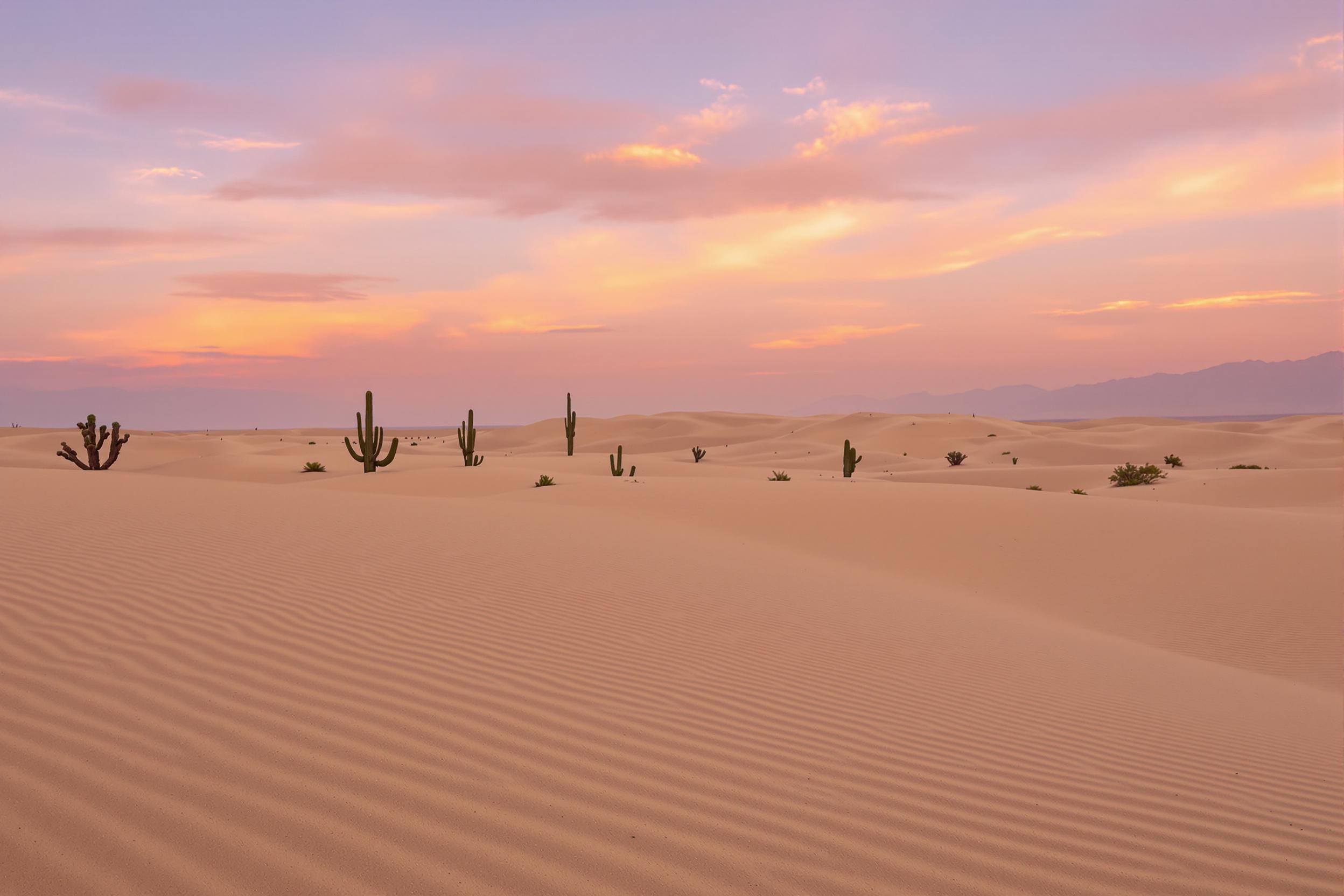 A tranquil desert landscape unfolds as dawn breaks over soft, rolling sand dunes. The early morning light casts a delicate golden hue across the terrain, enhancing the subtle textures of the grains. Silhouetted cacti stand defiantly against the horizon, while wisps of clouds drift lazily above, reflecting hints of peach and lavender from the awakening sky.