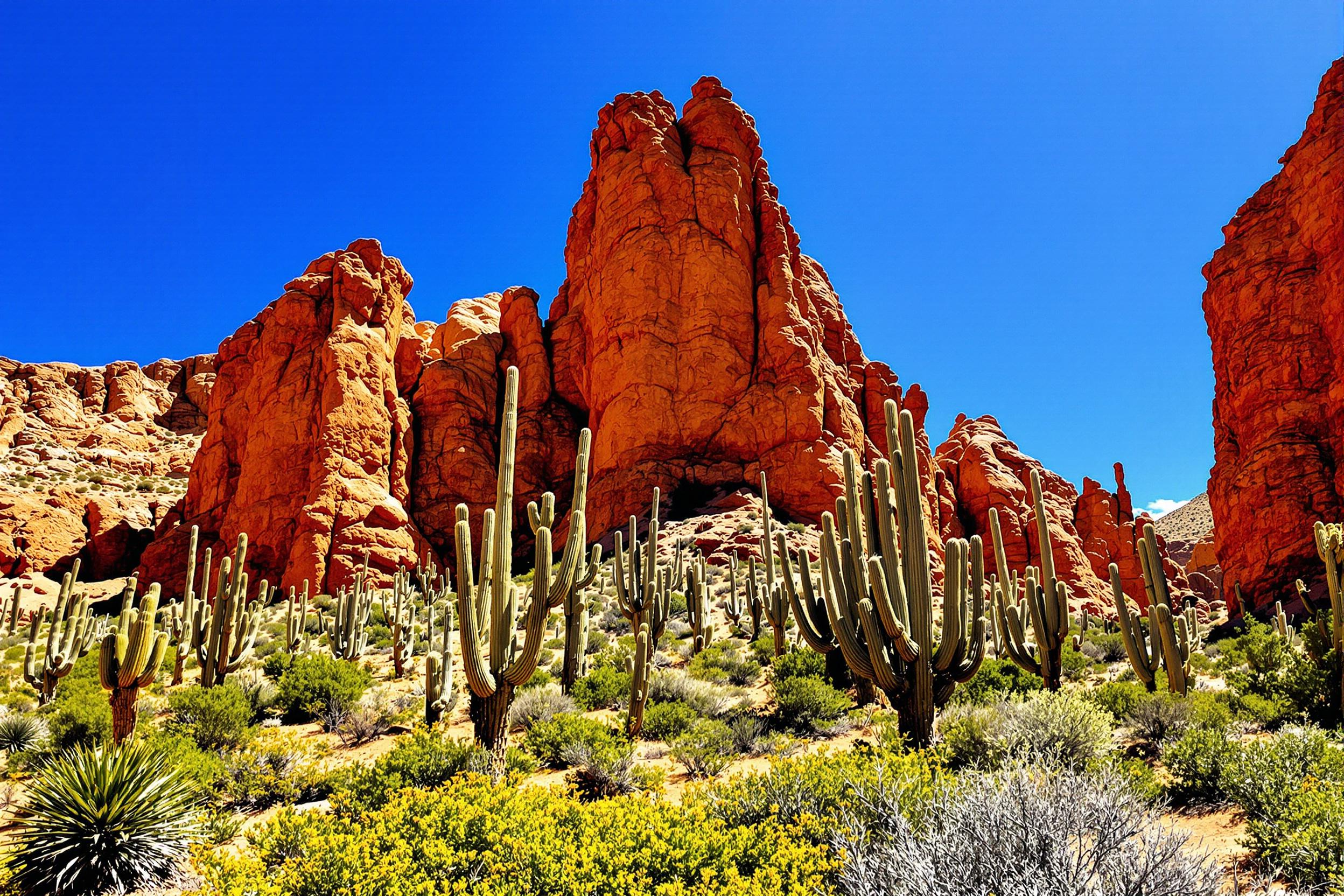 A breathtaking desert landscape showcases towering cacti standing amidst stark red rock formations under a brilliant blue sky. The intense midday sun casts defined shadows, enhancing the rugged textures and contours of the land. Occasional patches of green foliage break up the monochromatic terrain, adding dynamism to this serene yet dramatic environment.