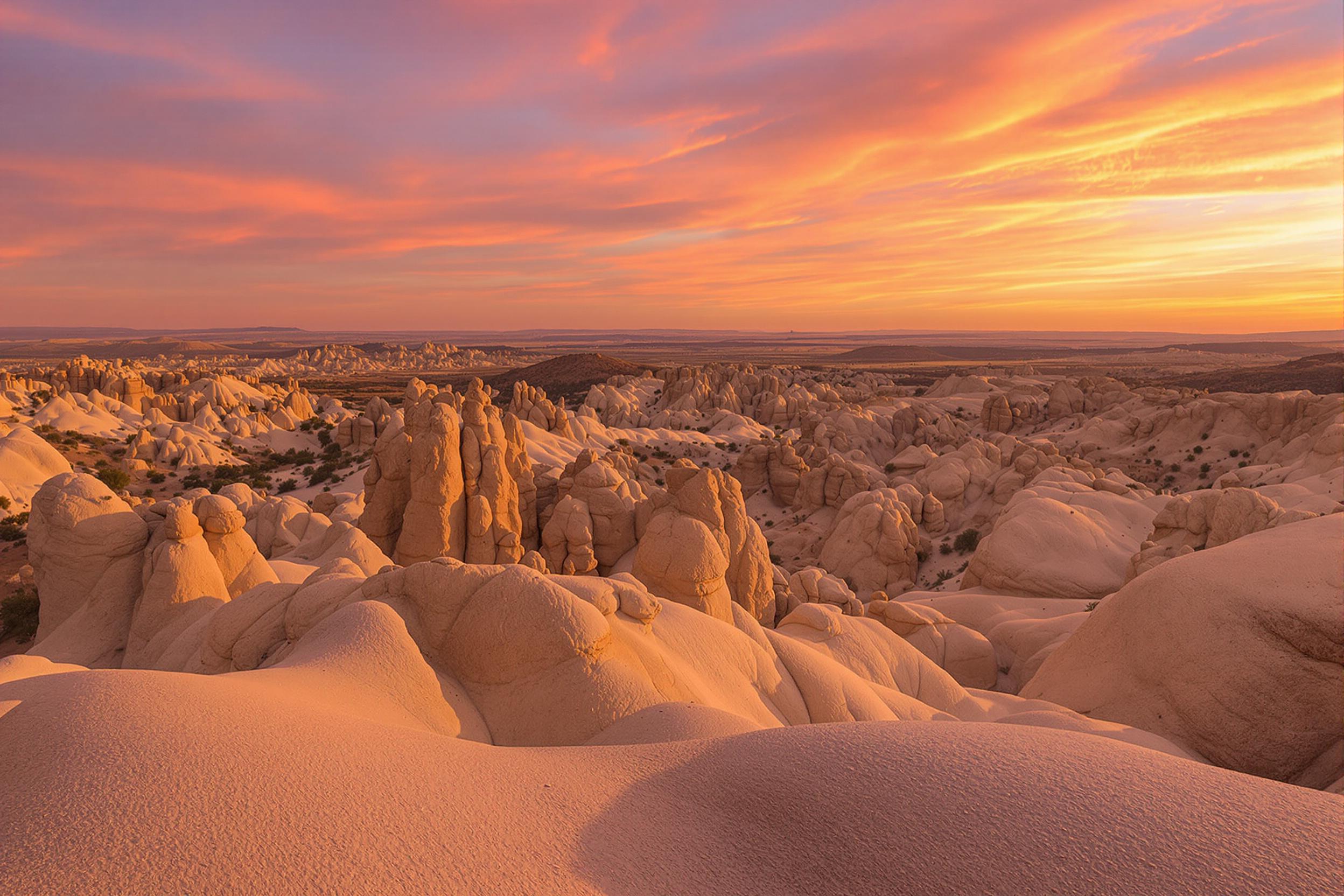 A stunning desert landscape captures unique rock formations against a sprawling horizon at sunset. The rugged surfaces are bathed in warm golden light, accentuating their textures while gentle hills roll in the foreground. Wispy clouds stretch across the vibrant sky, creating an inviting palette of oranges, pinks, and purples that enhances the peaceful ambiance of the scene.