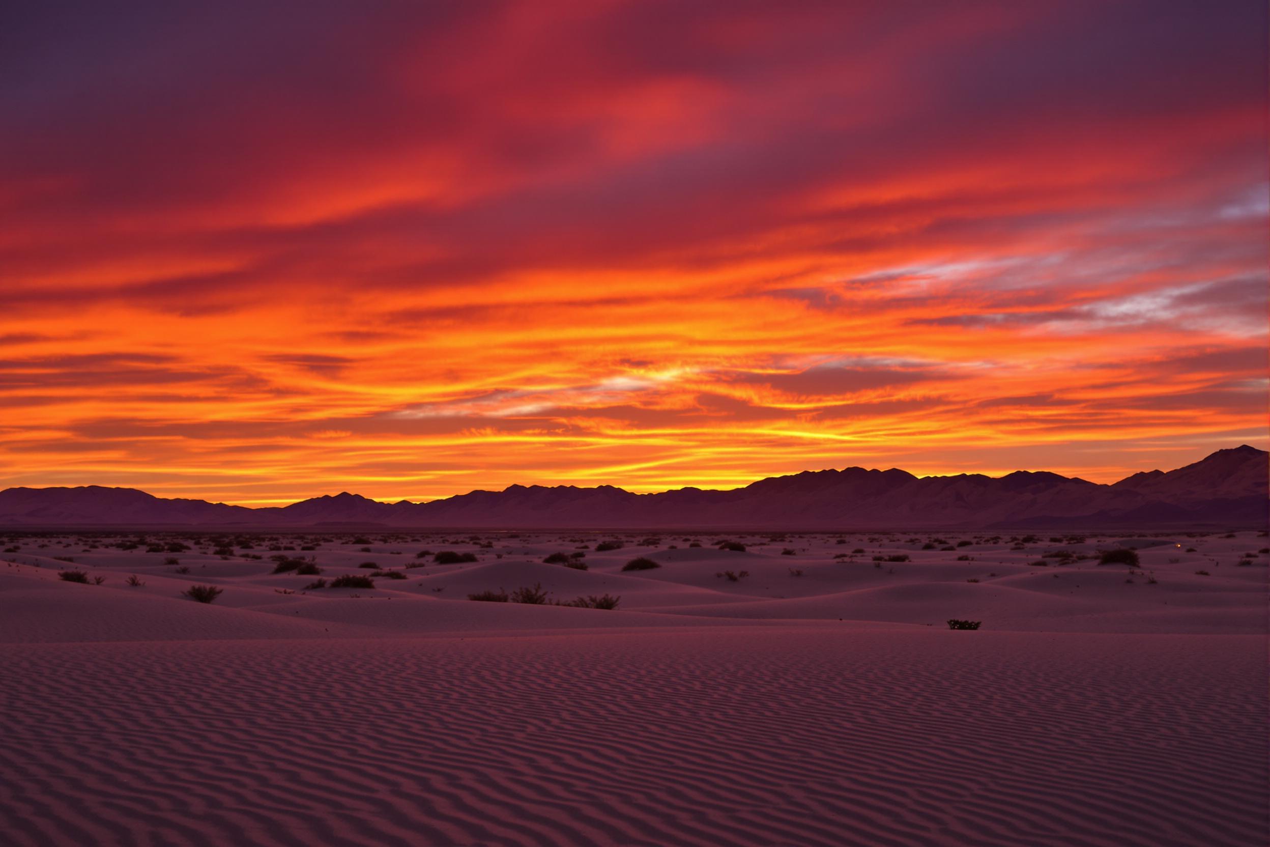 An expansive desert landscape unfolds under a breathtaking sunset. Silhouetted mountains rise against a brilliantly colored sky, where deep oranges and purples blend seamlessly. The sandy terrain stretches into the distance, creating a sense of vastness. Gentle wind-drifted dunes reflect the last light of day, while scattered desert plants provide texture in the foreground.