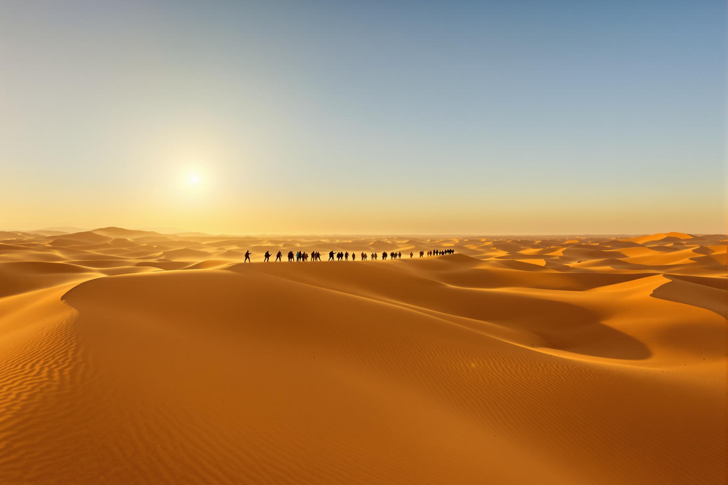 A desert caravan makes its way across rolling golden dunes under the warmly lit glow of late afternoon sun. Shadows stretch gracefully, exaggerating textures within the sandy ridges, while far-away figures suggest silhouettes resembling dust-thrown layers/tarps against skyback repetition merging horizons facilitating an oasis/tight-knit--structured-triangle repeating stance-design rich browned