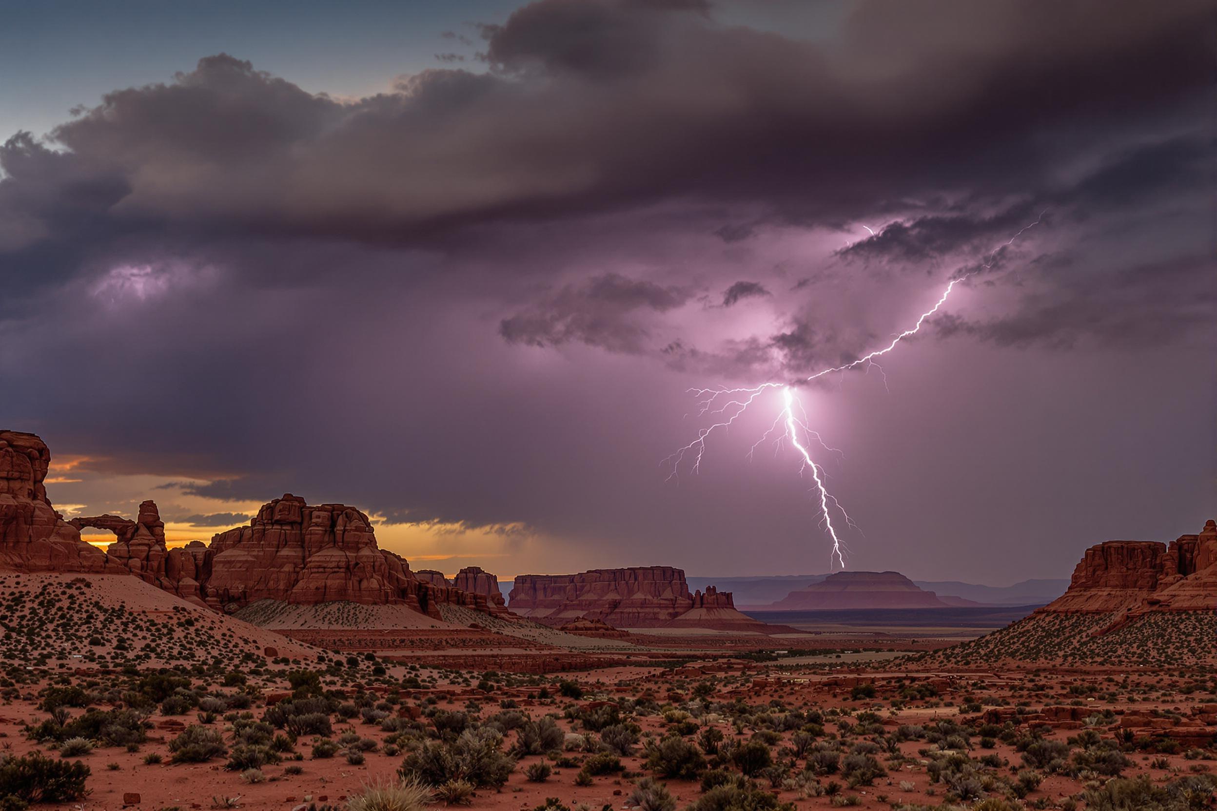 A dramatic desert thunderstorm captured amidst sweeping red rock formations and arid canyons. Electric lightning visibly splits sprawling daylight retaining much atmospheric energy Uppermass clouds tuss together surfacing photo jagged copper rock landscapes fully while zig clash visible phenomena impact behind ostensibly littlong genularitygcontexts.