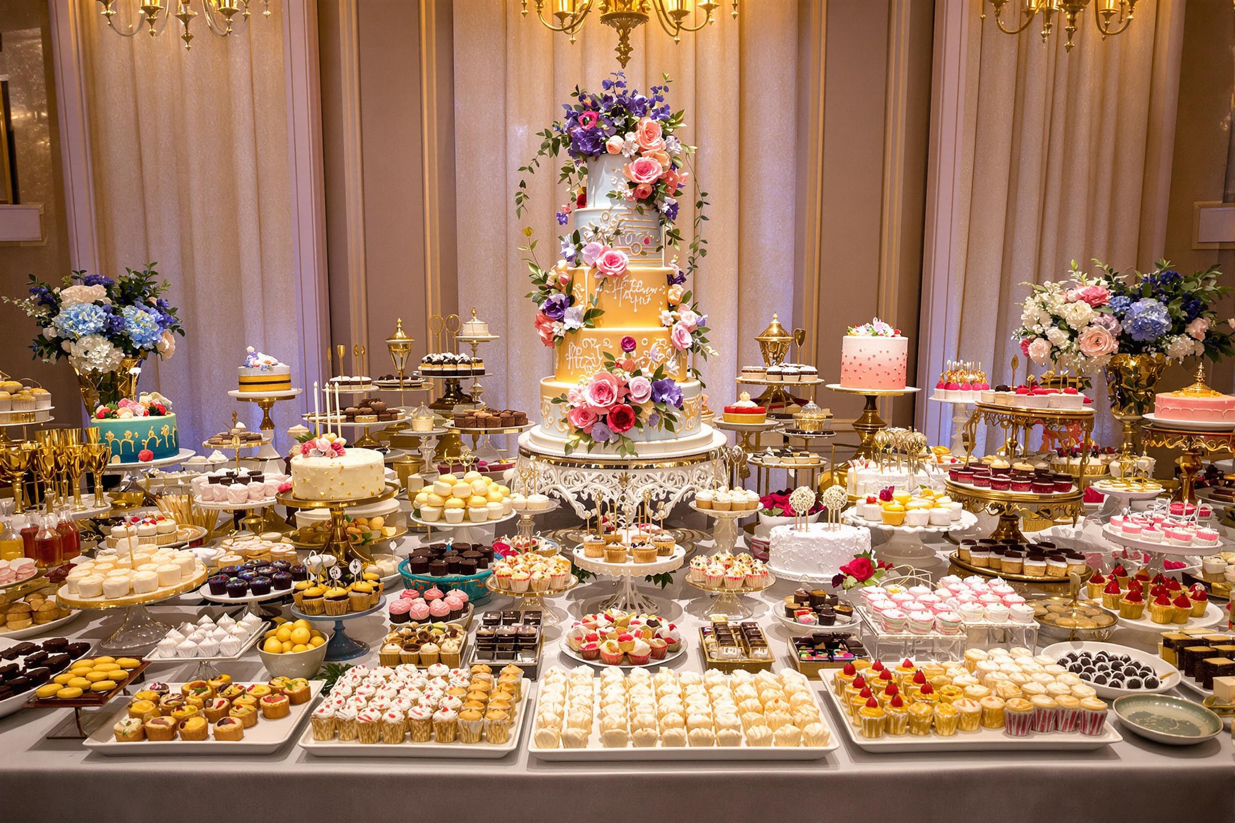 A lavish dessert table is beautifully arranged for a celebration. An array of colorful cakes, pastries, and sweets is displayed on elegant platters under soft, warm lighting. The centerpiece features a towering cake decorated with fresh flowers and intricate icing details. Surrounding treats are artfully presented, inviting guests to indulge in the delicious offerings.