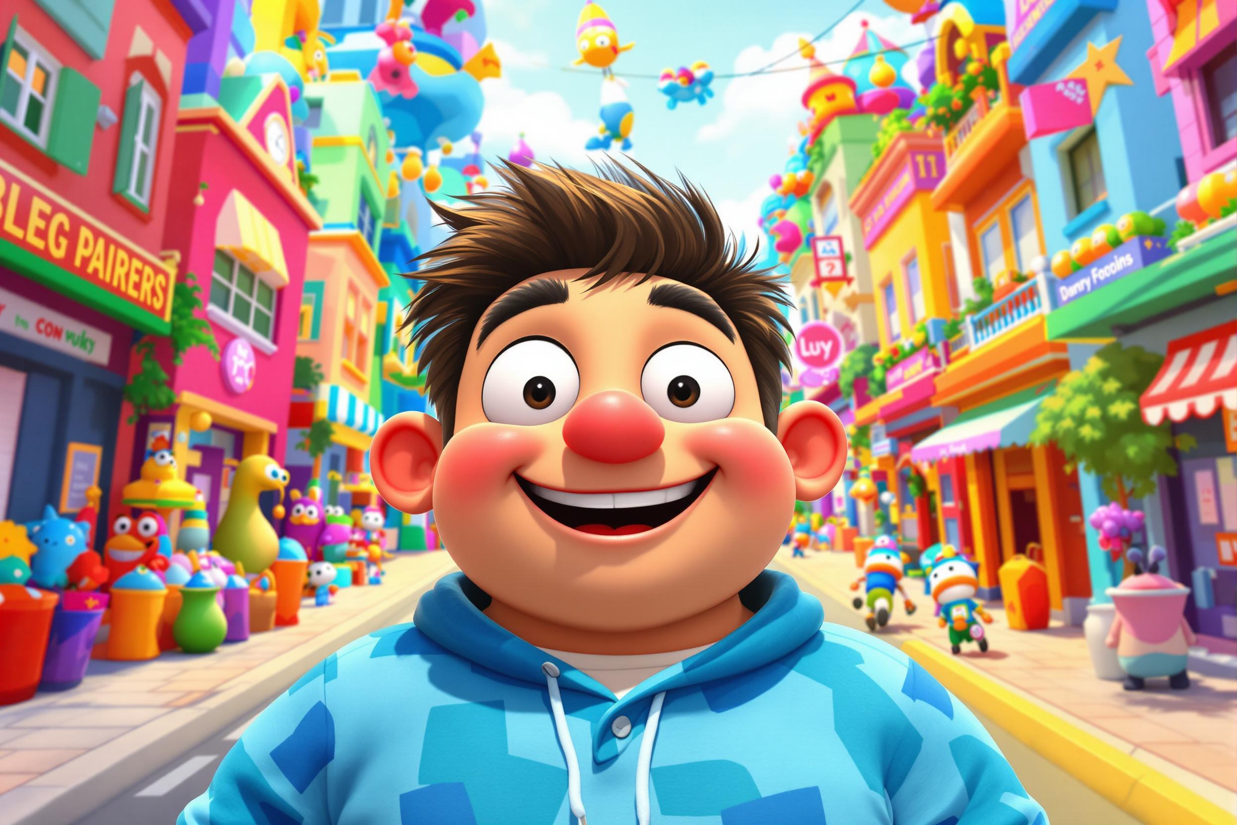 An engaging character design illustration featuring a whimsical animated character with exaggerated facial expressions. The character is set against a bright, colorful backdrop of a bustling cityscape, filled with playful elements. The lighting is bright and cheerful, highlighting the character's playful demeanor. The color palette is vibrant, with bold primary colors that evoke a sense of joy and creativity. The camera angle is slightly tilted, adding a dynamic feel to the composition.