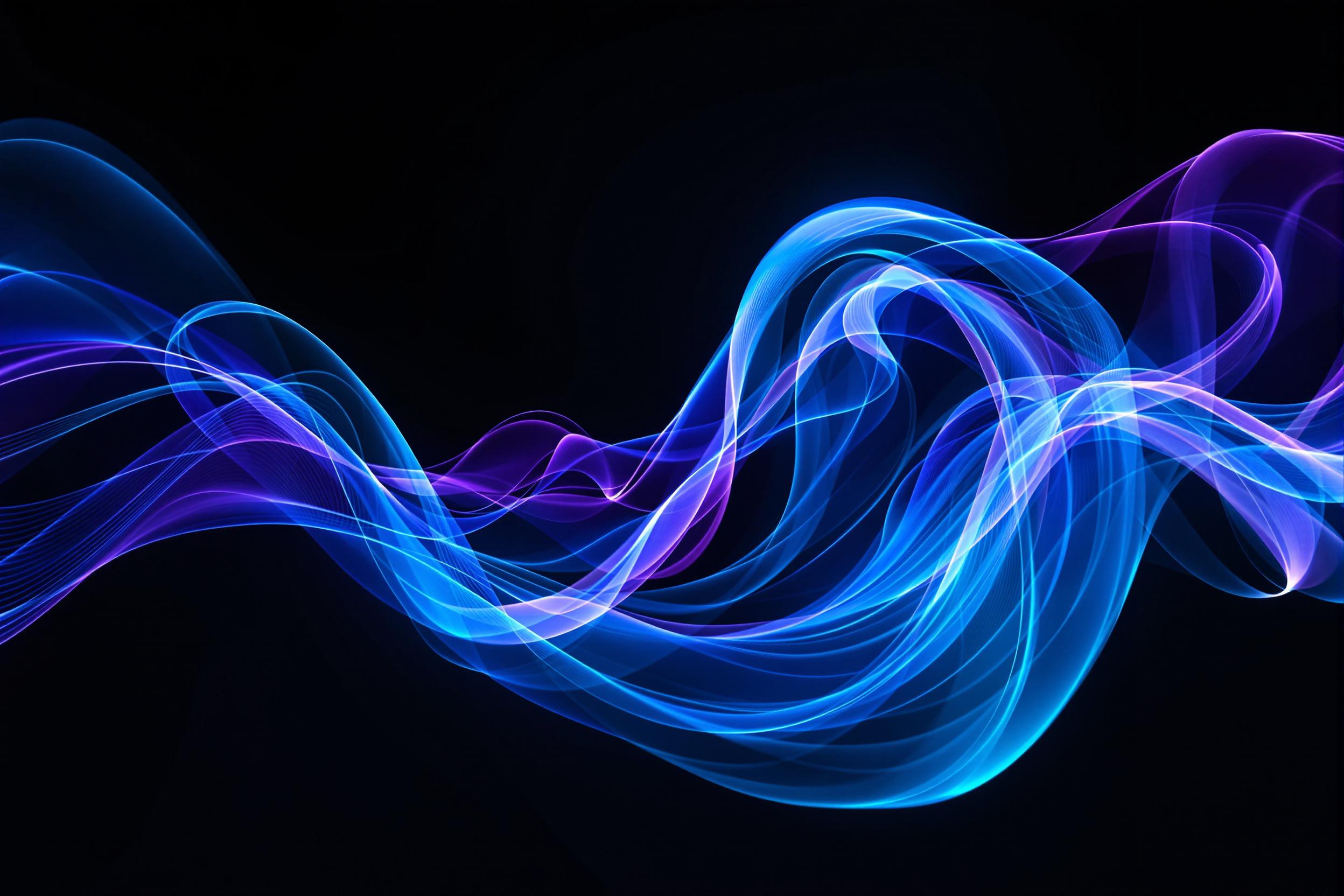 An mesmerizing abstract digital artwork featuring flowing, ribbon-like waves of energy. The composition is dominated by vibrant blues and purples, with accents of white and teal. The waves appear to be in constant motion, twisting and intertwining in a hypnotic dance. The background is a deep, rich black, making the colorful elements pop and creating a sense of infinite space. This piece evokes a feeling of fluidity, technology, and the interconnectedness of digital systems.