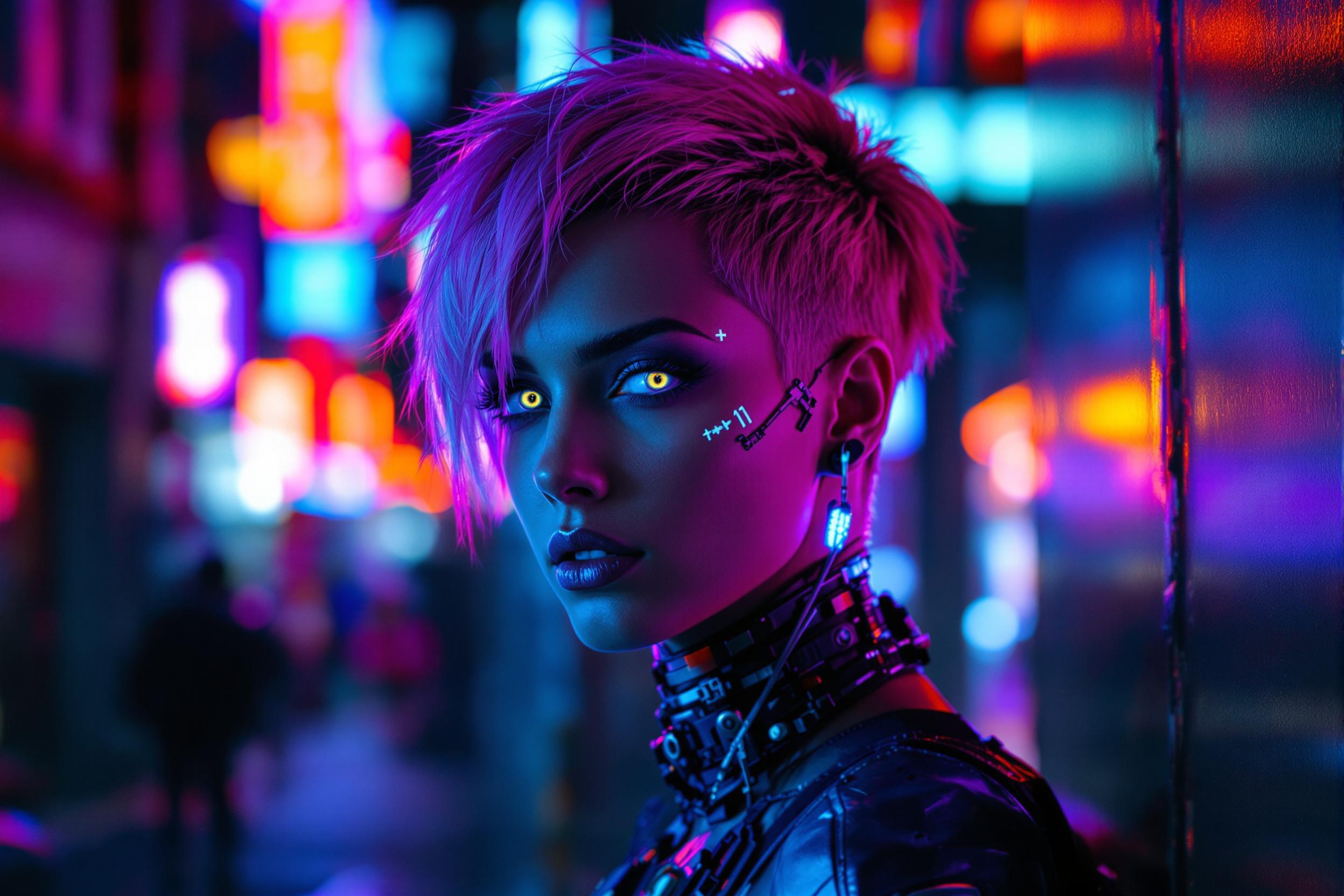 A striking digital portrait of a cyberpunk character set against a neon-lit urban backdrop. The subject, a young woman with striking features, has cybernetic enhancements visible on her face and neck. Her hair is a vibrant, unnatural color, styled in an edgy, futuristic cut. The lighting is dramatic, with cool blues and purples contrasting against warm oranges and reds from the city lights behind her. Her eyes seem to glow with an inner light, suggesting further technological augmentations.