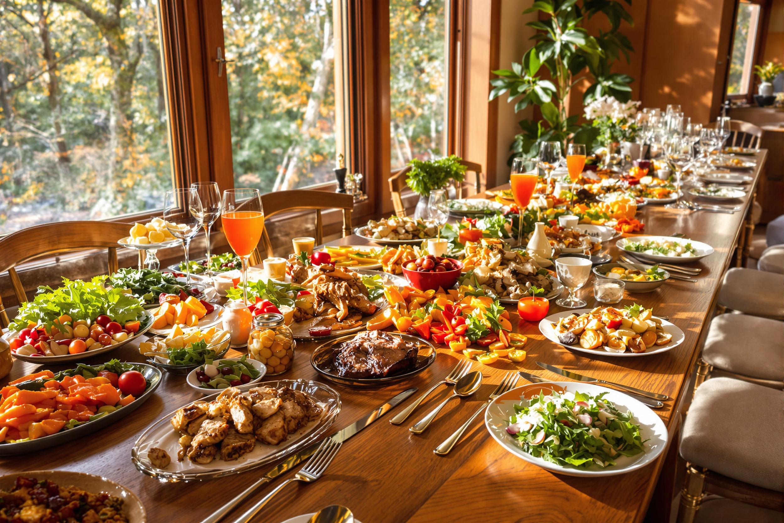 An extravagant feast is spread across a long wooden table set in a cozy dining room. Brightly colored dishes, including roasted vegetables, succulent meats, and fresh salads, are artistically arranged alongside elegant glassware and gleaming cutlery. Warm sunlight floods through large windows, illuminating the textures of the food and rich wooden surface, creating an inviting atmosphere.