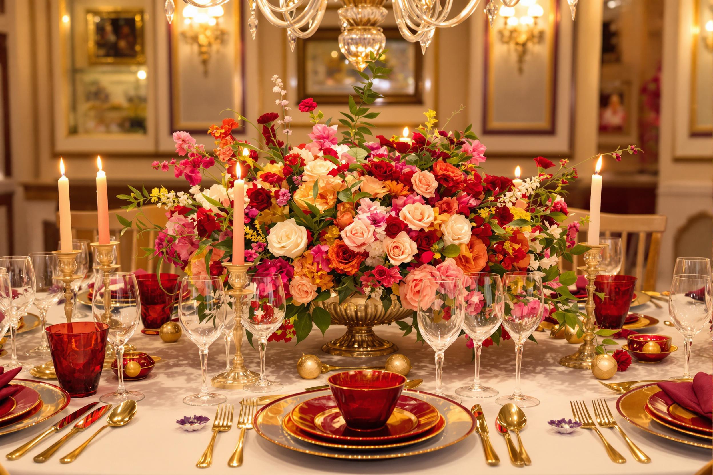 An elegant dining table is artfully arranged for a luxurious dinner party. Richly colored dinnerware sits atop crisp white linens, while crystal glassware gleams under the soft glow of flickering candles and an ornate chandelier above. A stunning floral centerpiece bursts with vibrant blooms, adding a touch of sophistication to the ambiance.