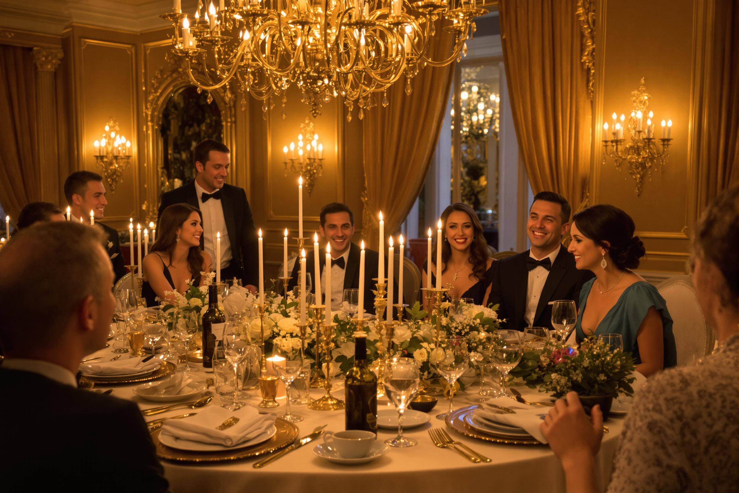 An elegant dinner party unfolds in a tastefully decorated dining room. Guests, stylishly dressed in formal attire, share animated conversations around a lavishly set table adorned with flickering candles and exquisite dinnerware. Soft golden lighting casts a warm ambiance, enhancing the sophisticated atmosphere filled with laughter and joy.