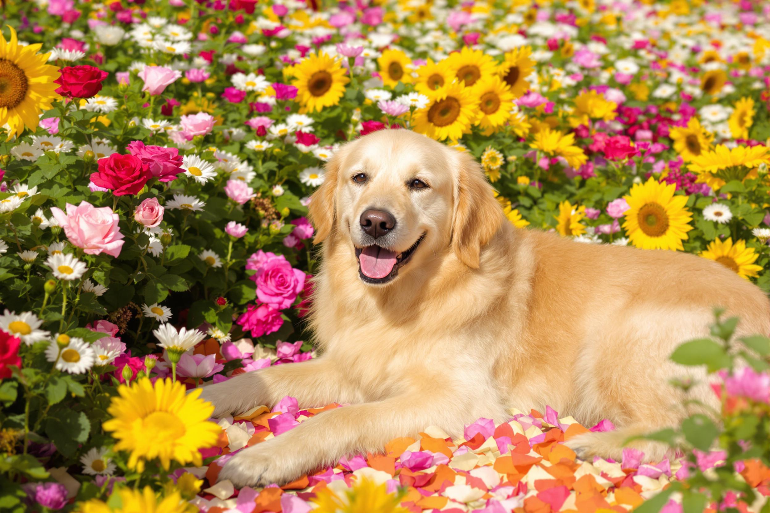 A cozy scene blooms as a fluffy golden retriever lounges peacefully in a vibrant flower field. The colorful array of blossoms—roses, daisies, and sunflowers—surrounds the dog, showcasing their rich hues under bright midday sunlight. Soft petals gently cascade around while the dog's fur shimmers, creating an inviting atmosphere of tranquility and joy.