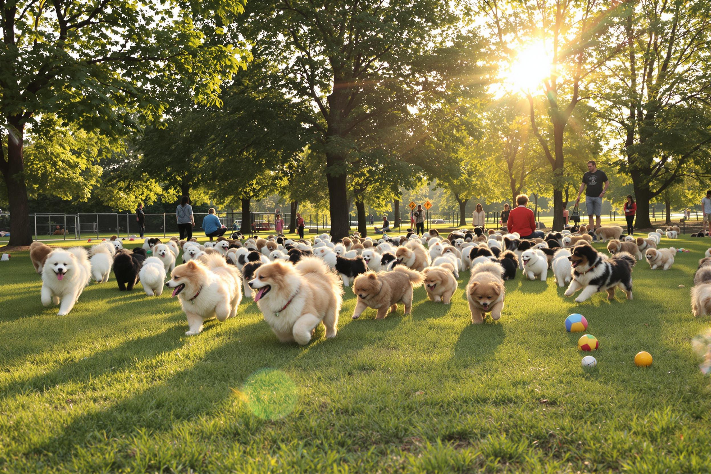 A lively dog park bursts with energy as fluffy puppies romp across the grassy field. Under the late afternoon sun, golden rays illuminate their vibrant fur while dogs of various breeds interact joyfully. Trees frame the scene, adding depth, with pet owners nearby enjoying the playful moments. Dog toys are scattered about, enhancing the cheerful environment.