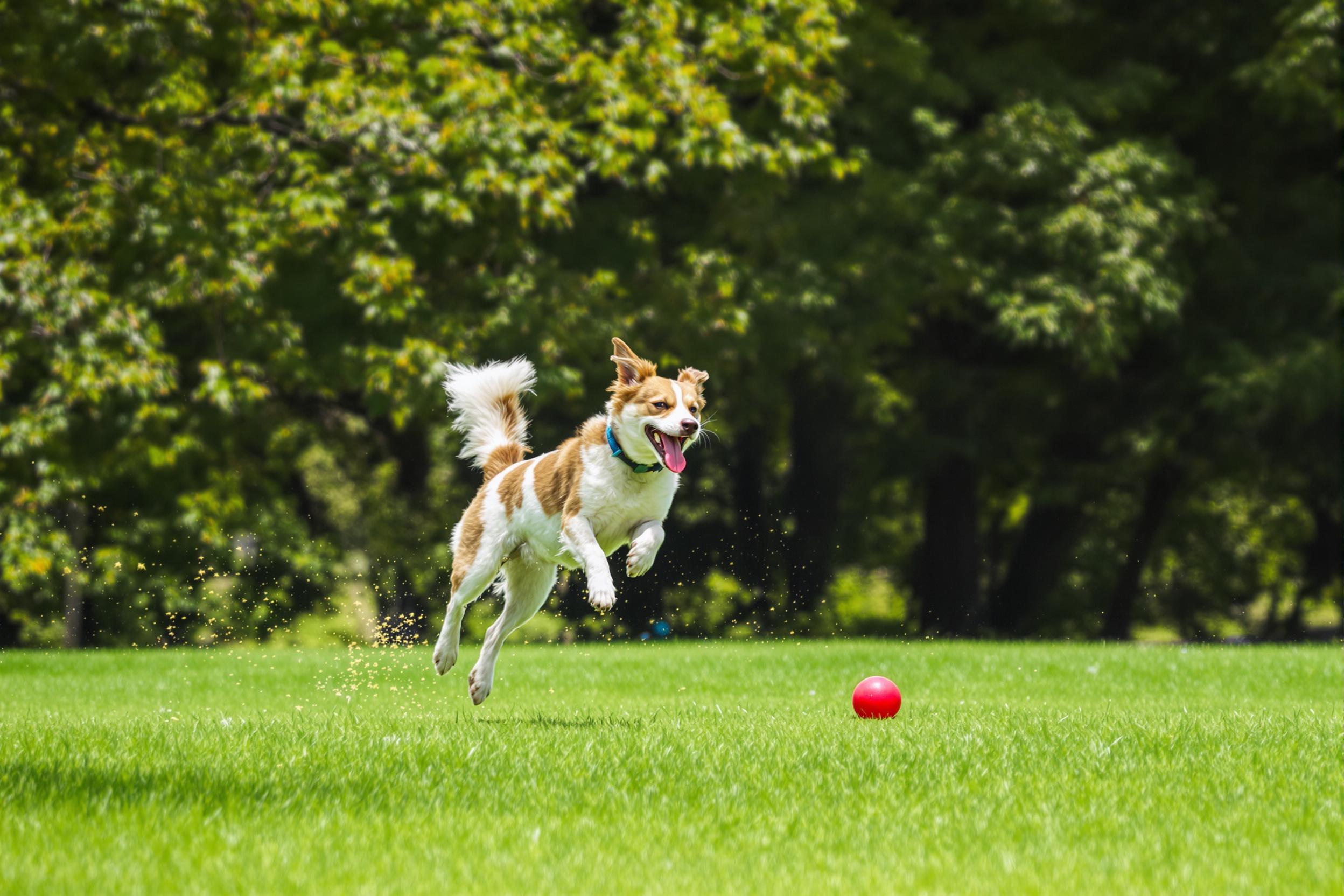 A lively scene captures an energetic dog mid-leap as it chases a bright red ball through an expansive green park. Sunlight bathes the grassy field in warmth, casting soft shadows beneath the dog's paws. The background features a blur of leafy trees, adding depth and emphasizing the dog's joyous expression.