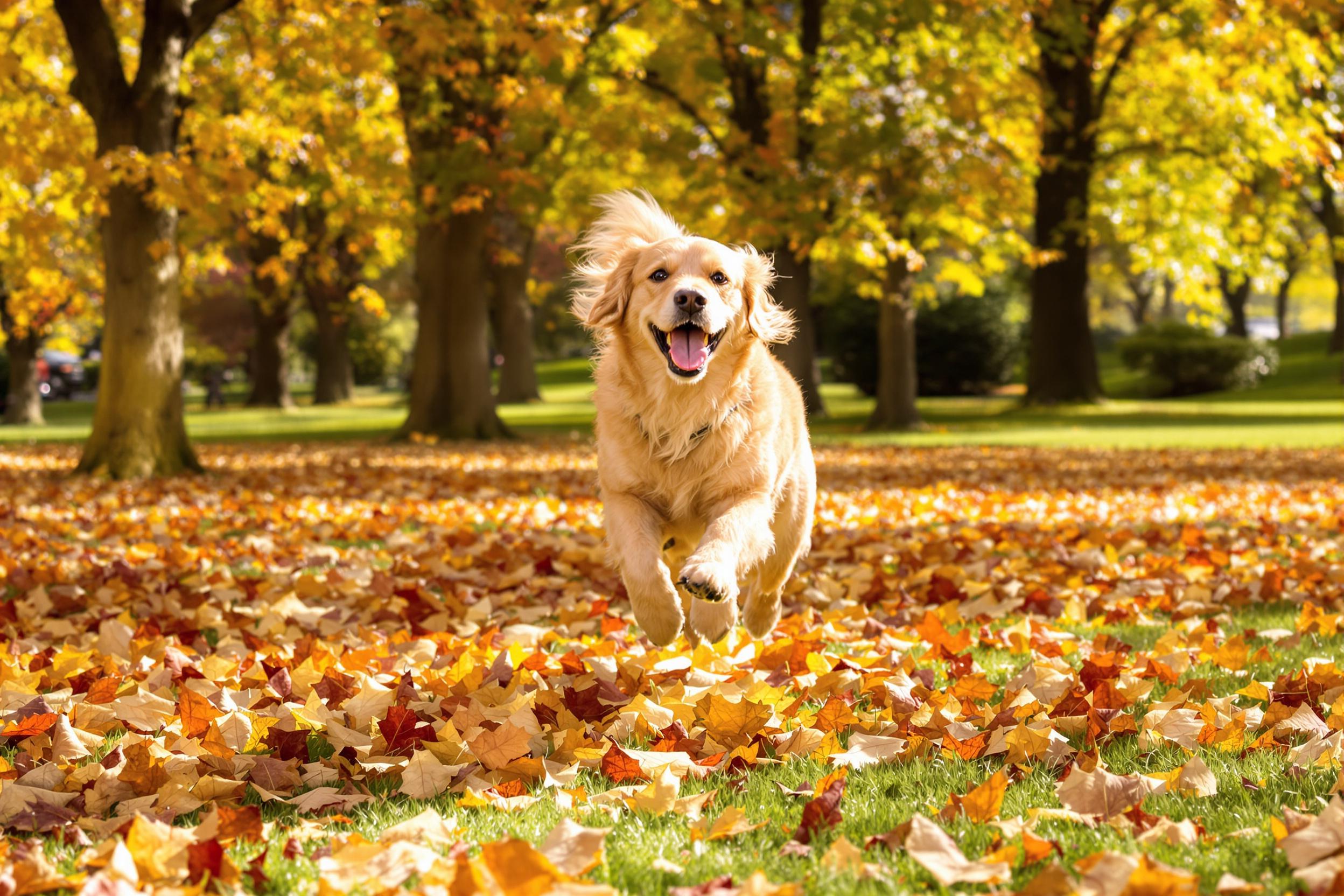 A spirited golden retriever leaps joyfully through a blanket of golden and rust-colored leaves in an open park. Sunlight filters gently through the trees, casting dappled shadows across the scene. The dog's fur glimmers in the soft light as it playfully runs, mouth open in excitement, inviting an active and cheerful atmosphere. Nearby, scattered leaves and soft grass ground the lively moment.