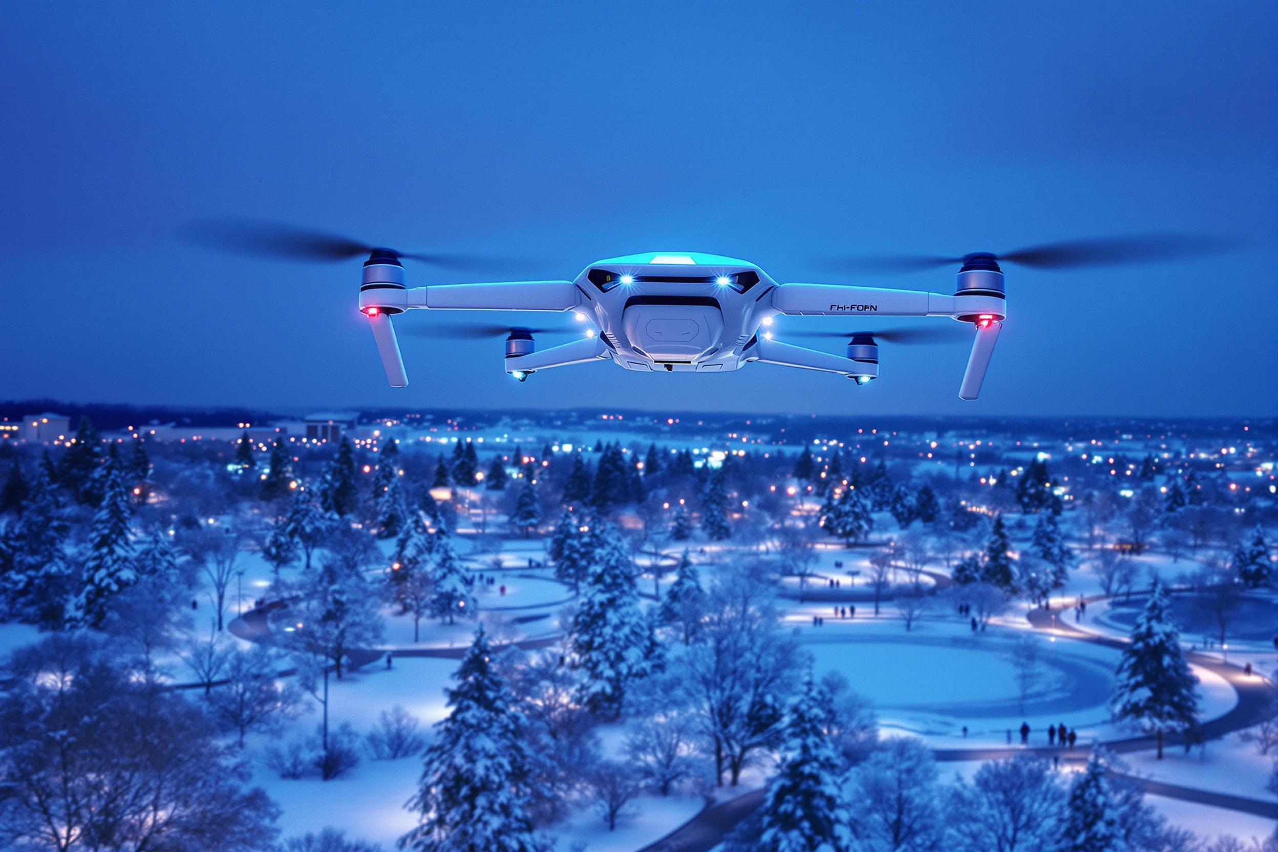 A high-tech drone soars above a snowy urban park during twilight. Its sleek metallic frame glistens under icy blue hues of the sky, while faint, glowing lights dot its surface. Below, snow-covered trees and paths stretch across the landscape, disturbed only by distant silhouettes of bundled-up walkers. The ambient light merges with frost reflecting a cold futuristic tone.