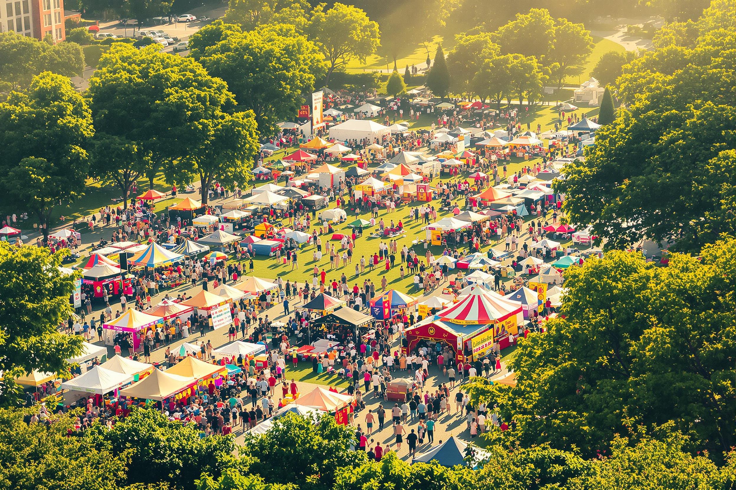 An aerial illustration capturing the vibrant atmosphere of a cultural festival. The image showcases colorful tents, diverse crowds, and traditional performances, all set in a lush park. The warm sunlight bathes the scene, creating a festive and inviting mood. This perspective highlights the scale and energy of the event, making it suitable for editorial content on cultural celebrations and community gatherings.