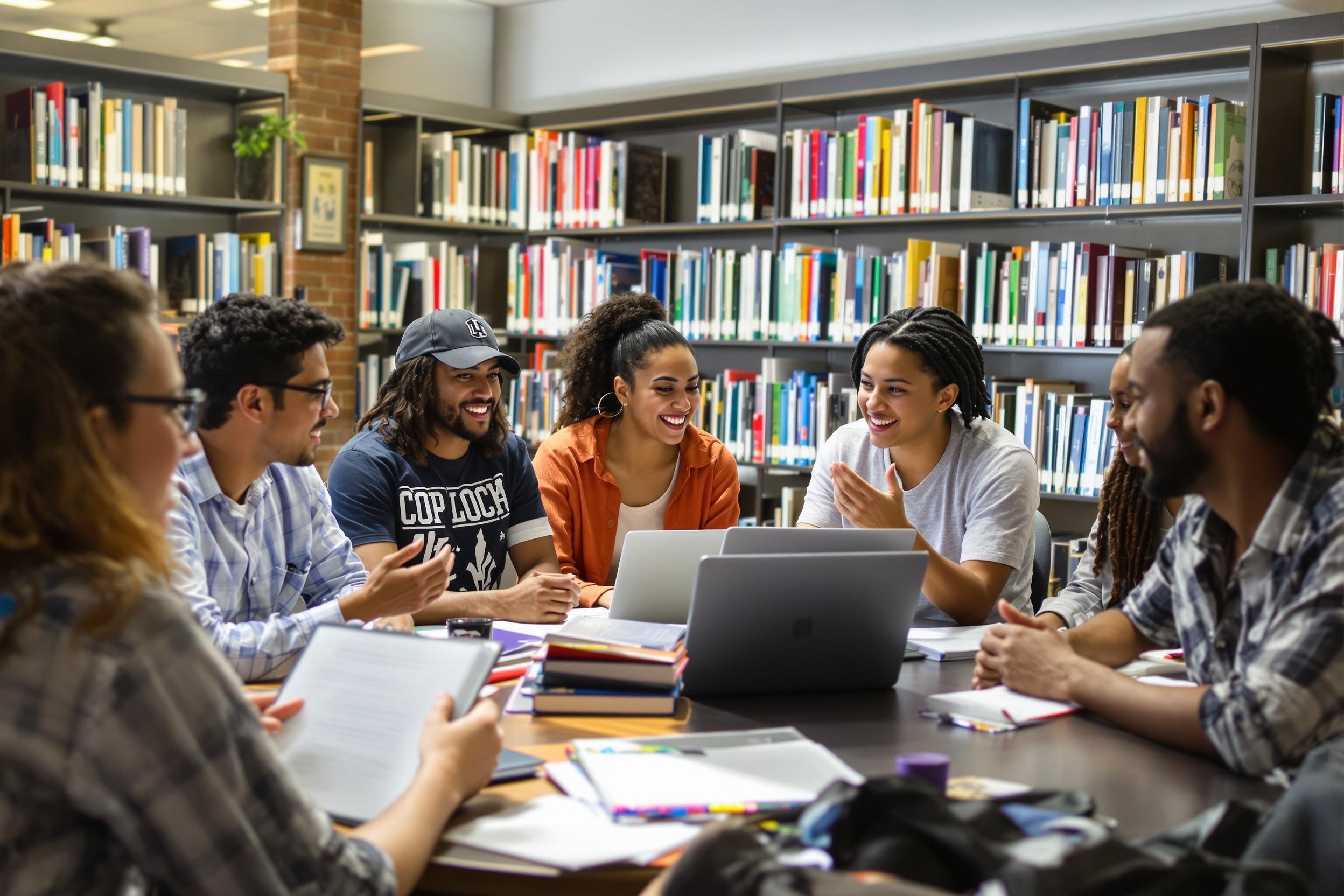 A diverse group of college students collaborating in a sunlit corner of a modern university library. Open laptops, textbooks, and animated discussions highlight the power of collaborative learning.