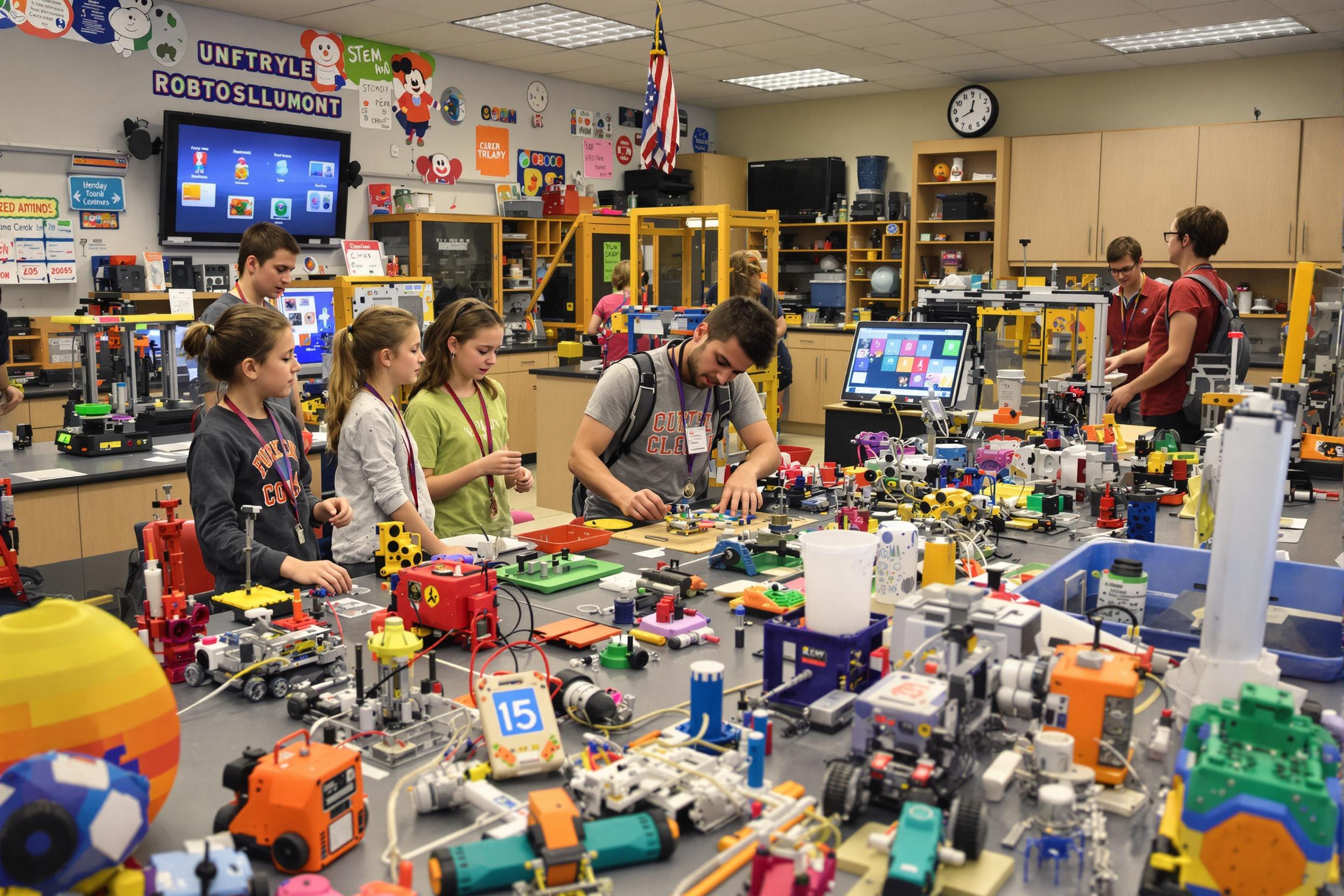 A vibrant classroom showcasing students engaged in hands-on STEM activities. Colorful robotics projects, 3D printers, and interactive digital displays create an inspiring atmosphere for modern education.