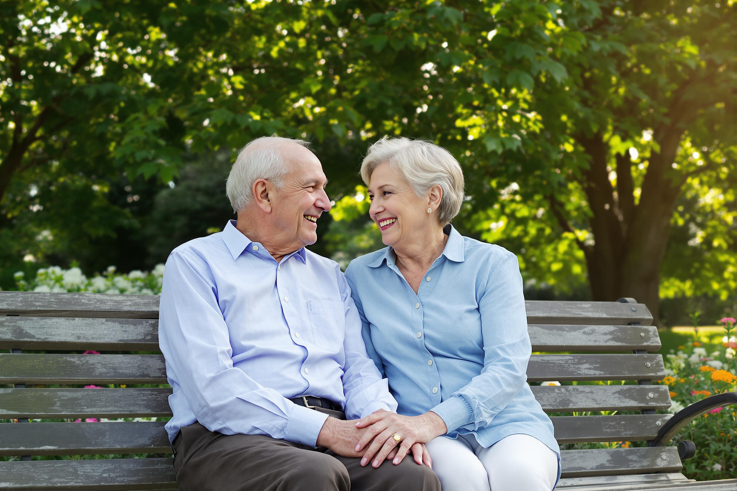 An elderly couple sits side by side on a weathered park bench, surrounded by lush green trees and blooming flowers. Their hands are intertwined, showcasing a tender connection during a peaceful late afternoon. Soft golden sunlight filters through the leaves, casting dappled shadows on their joyful faces. The serene backdrop enhances this moment of companionship and warmth.