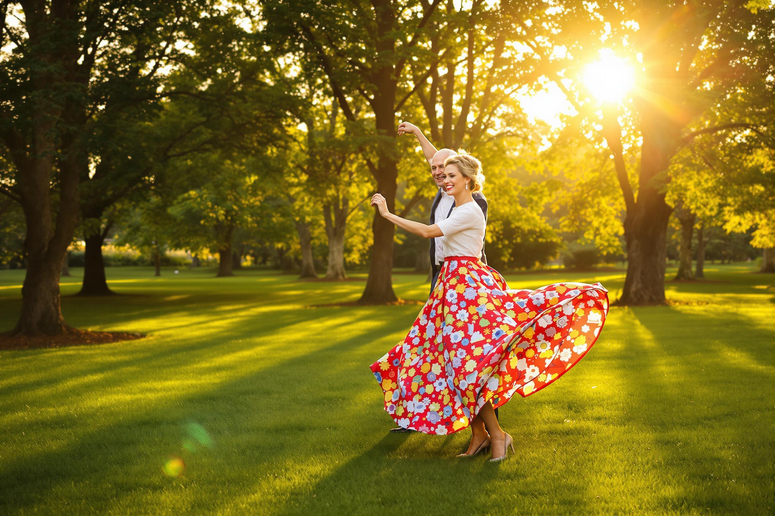 A fashionable elderly couple dances gracefully in a lush park under the warm glow of the golden hour. Their joyful expressions illuminate the scene as sunlight filters through surrounding trees, casting dappled shadows on the grass. The woman's vibrant dress twirls elegantly, while the man sports a classy outfit, embodying a lively yet intimate moment.