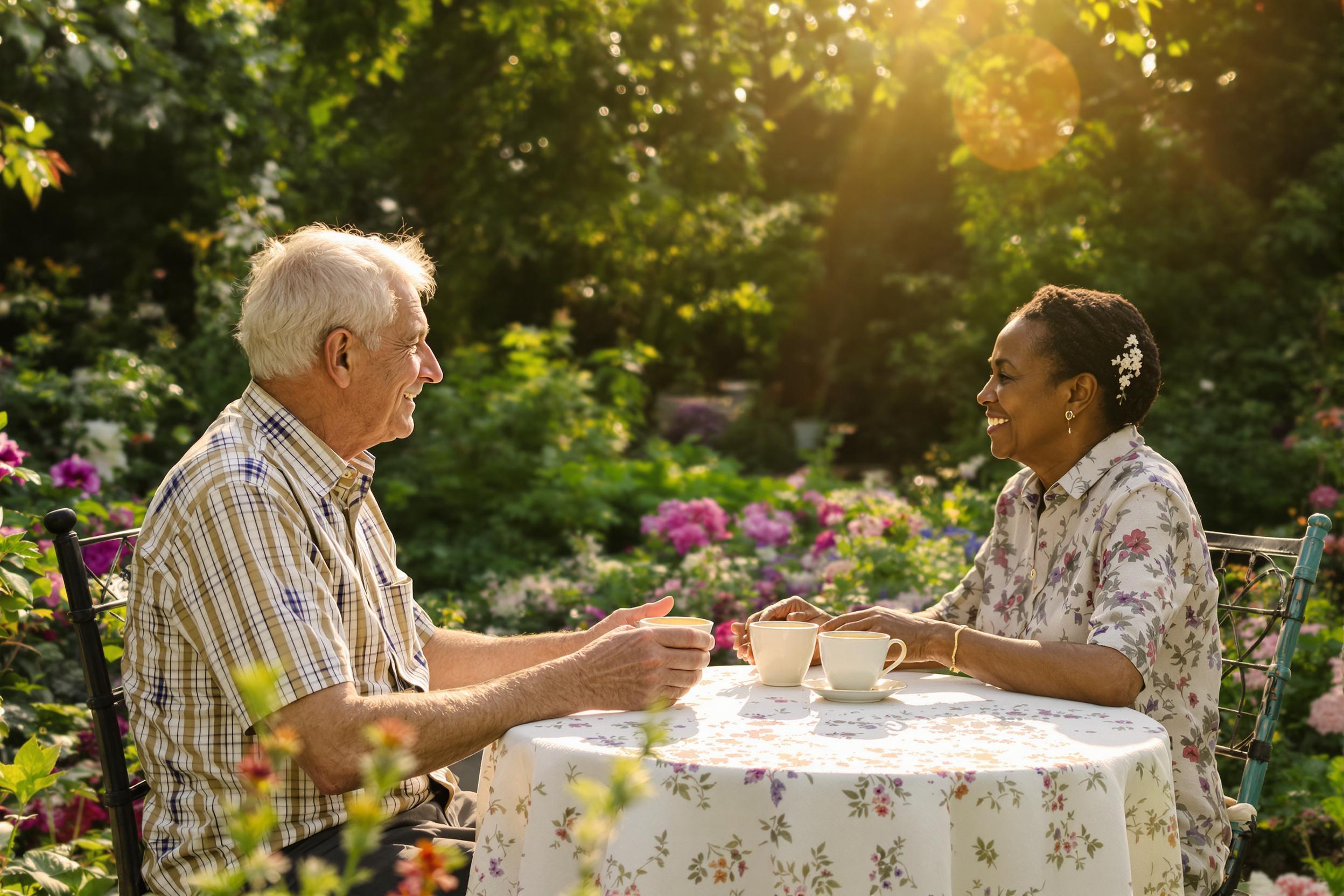 A serene garden scene captures an elderly couple seated at a small round table draped with a lace tablecloth. They share a moment over cups of tea, their faces illuminated by golden afternoon sunlight filtering through lush greenery. Vibrant flowers bloom around them, adding splashes of color to this tranquil setting, inviting warmth and connection.