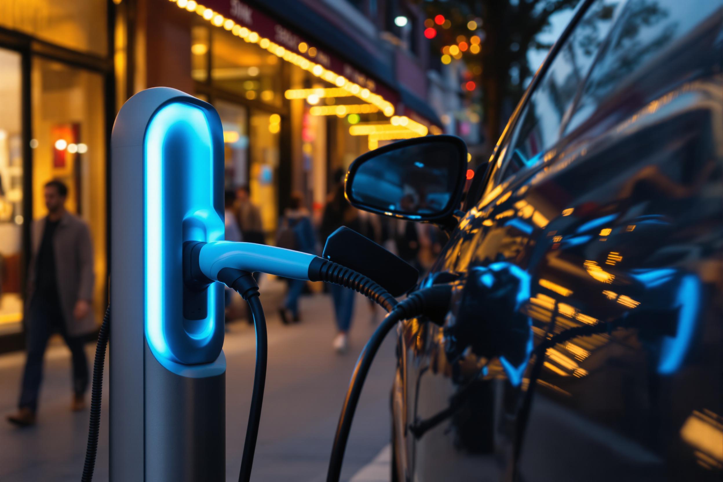 A modern electric vehicle is plugged into a sleek urban charging station illuminated by glowing neon blue accents. The charger stands prominently on a bustling city sidewalk at early evening, with blurred pedestrians walking past under shopfront awnings glowing dully in warm golden light. Reflecting off the car’s glossy surface, dim ambient hues blend with contemporary aesthetics.