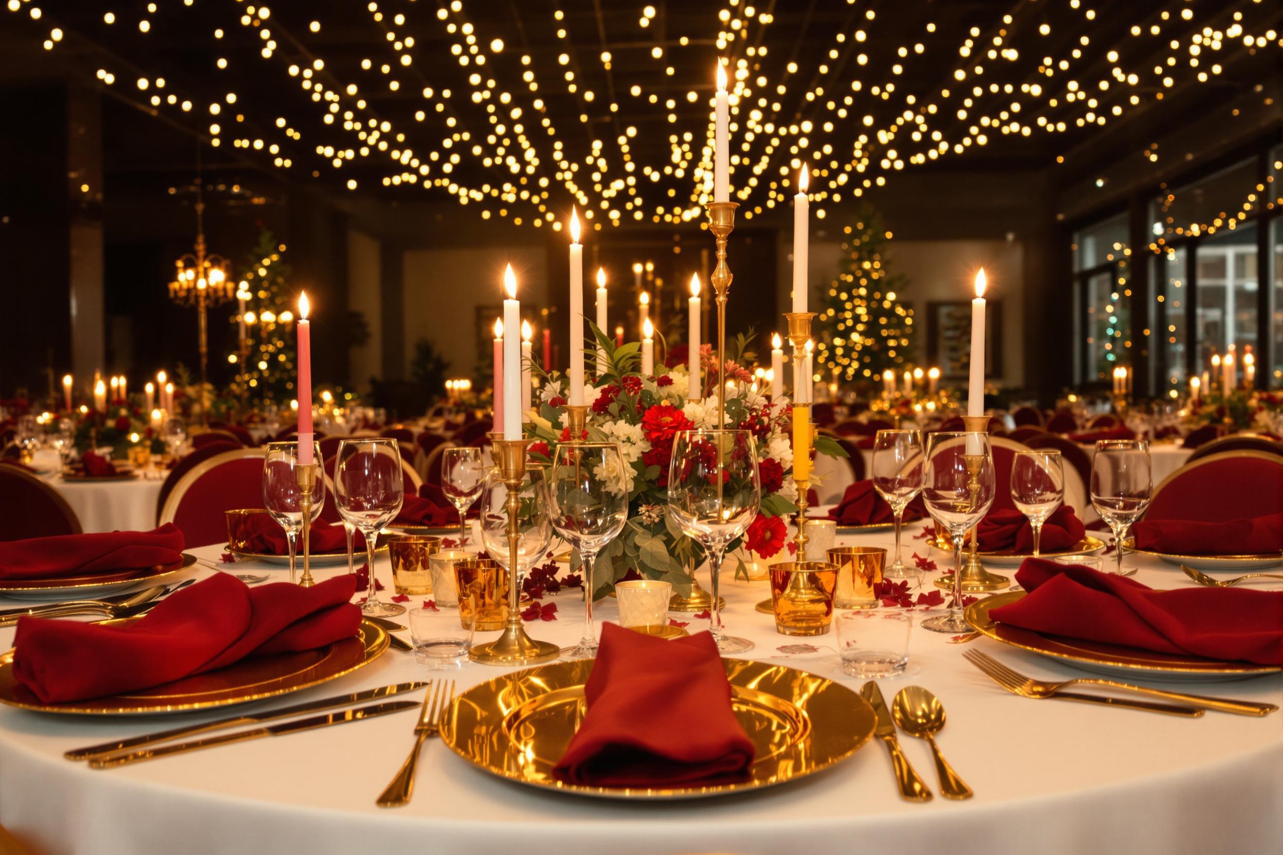 An elegantly set dining table awaits guests, adorned with glimmering golden cutlery and deep red cloth napkins nestled within polished plates. Surrounding the table are flickering candles casting a warm glow, while twinkling string lights add a festive sparkle across the ceiling. Fresh floral arrangements of seasonal blooms grace the center, enhancing the inviting atmosphere of this celebratory setting.