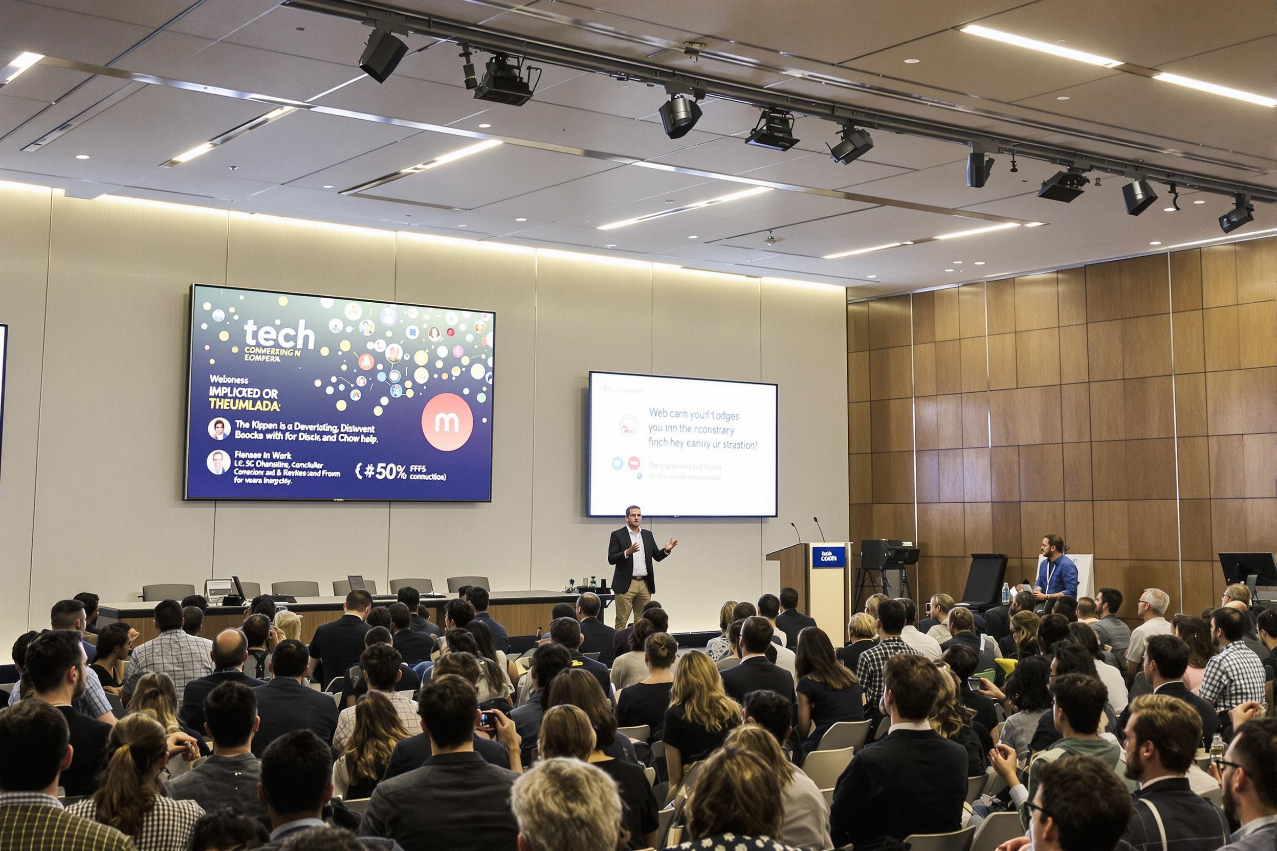 A lively tech conference takes place in a spacious auditorium filled with attentive participants. A speaker presents at a podium under bright overhead lights, gesturing animatedly. The audience, a diverse mix of ages and backgrounds, engages with various expressions of interest. Large screens behind showcase informative visuals related to the presentation.