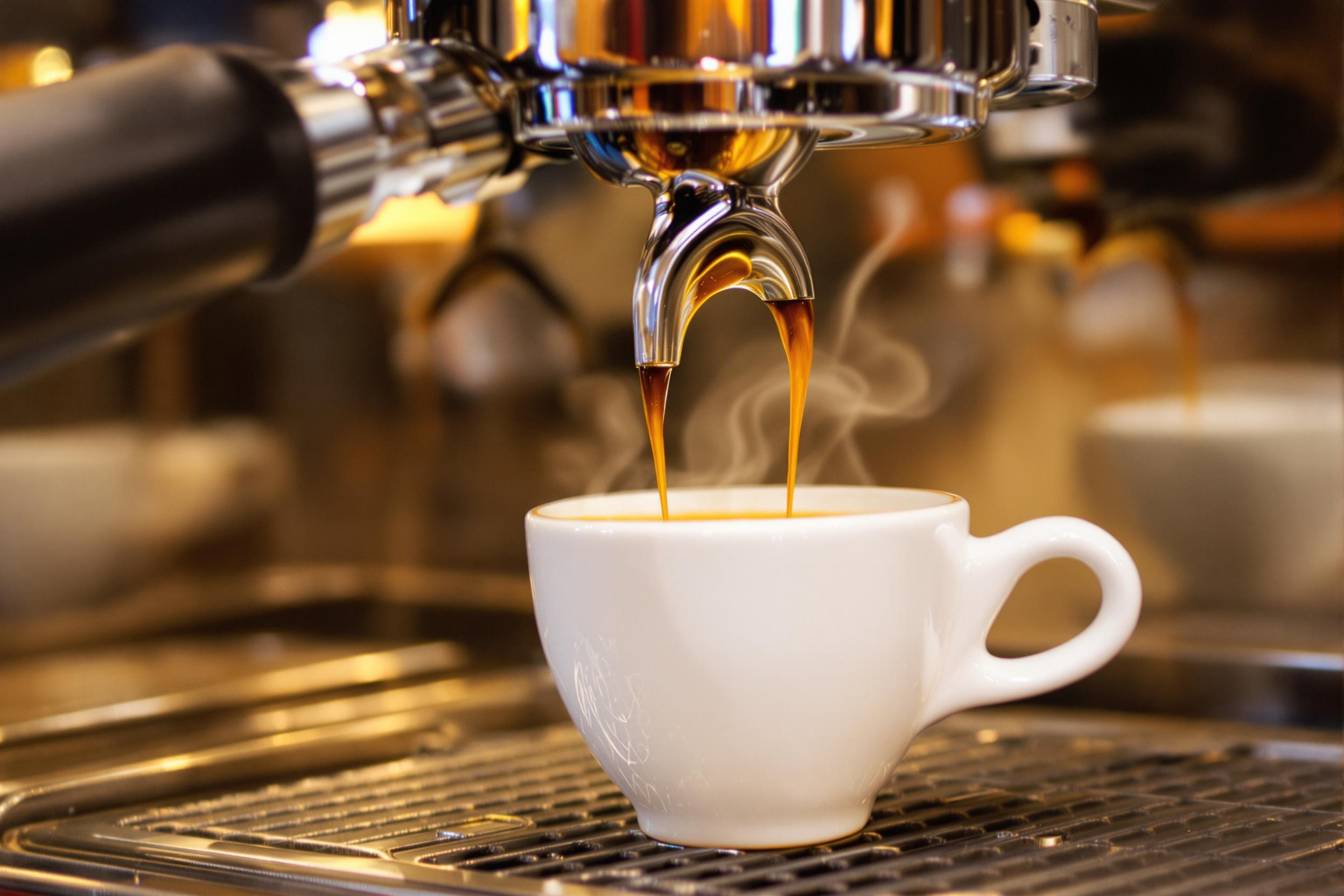 A dynamic photo capturing the precise moment freshly extracted espresso pours richly from a group head into a porcelain demitasse cup. Steam spirals upward as rich crema forms on the beverage's surface. In the background, a polished stainless steel machine reflects warm tones, evoking craftsmanship.