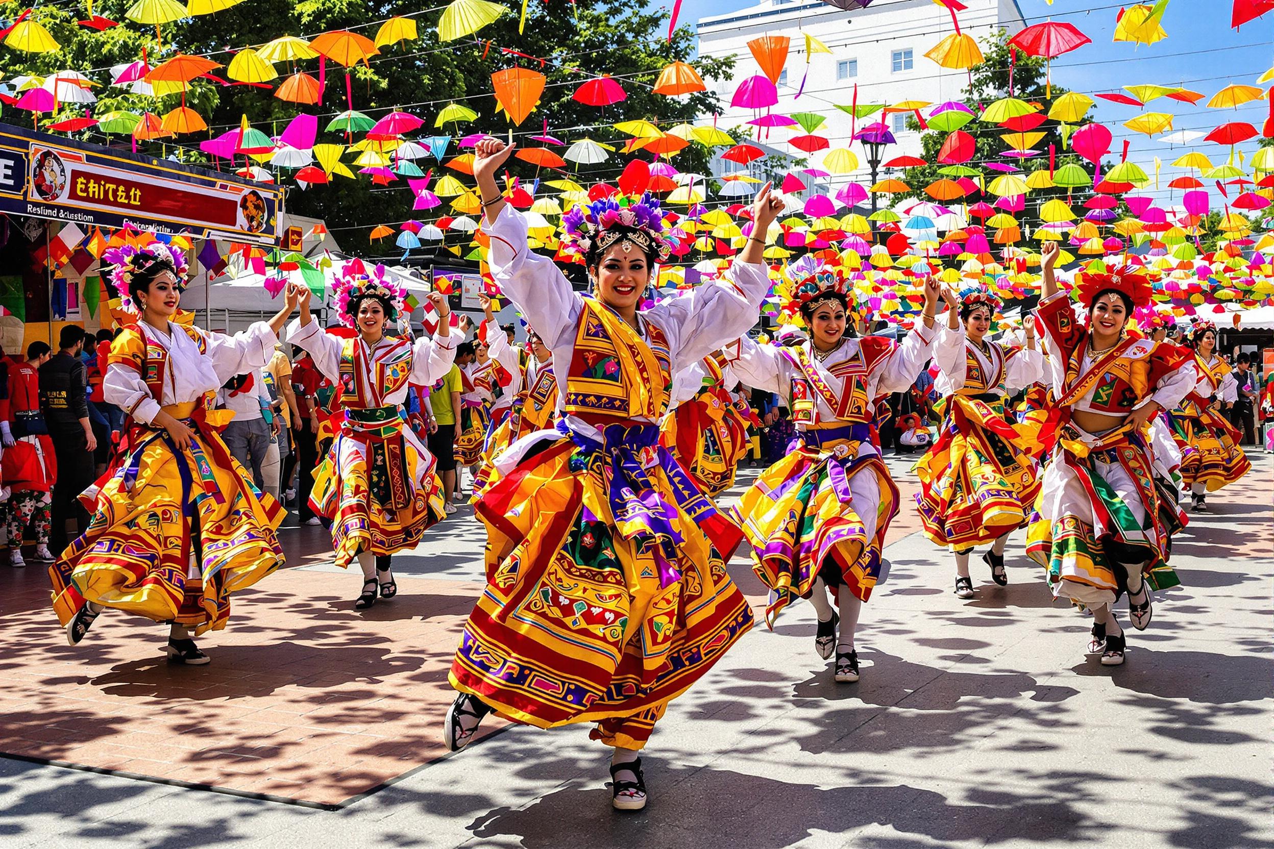 A captivating scene captures ethnic dancers performing lively choreography at an outdoor festival. Clad in vibrant, traditional attire with intricate patterns and rich colors, the dancers' movements exude joy and cultural pride. Sunlight casts dramatic shadows on the ground, highlighting their expressive gestures and footwork. Colorful decorations celebrate the festive atmosphere, filled with energy.