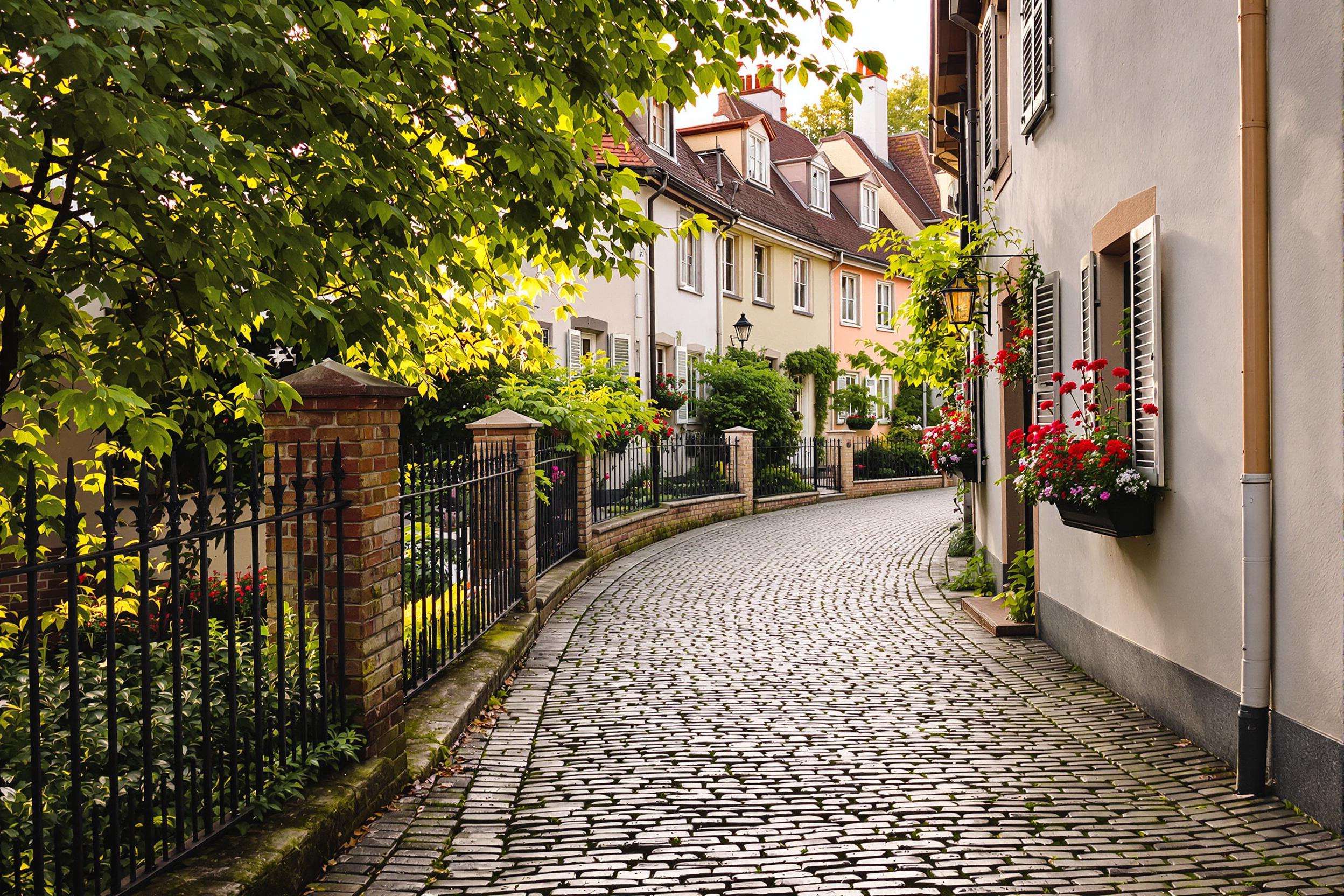 A winding cobblestone street meanders through a picturesque European village at dawn. Charming homes with pastel-colored facades and blooming flower boxes populate either side. The warm morning light softly illuminates the cobblestones, enhancing their textures. Lush greenery peeks through wrought-iron fences, framing the delightful scene.