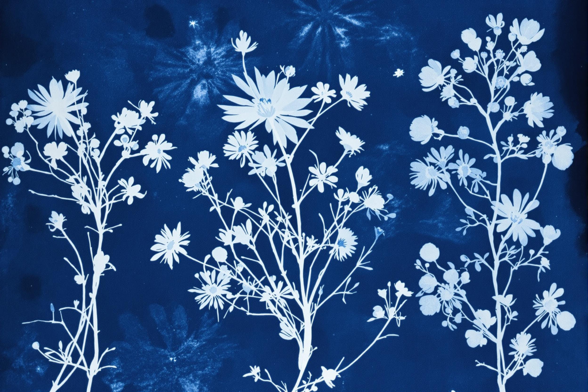 Discover the ethereal beauty of experimental cyanotype photography. Delicate botanical specimens create ghostly white silhouettes against a rich Prussian blue background, showcasing nature's intricate details through this historic photographic process.