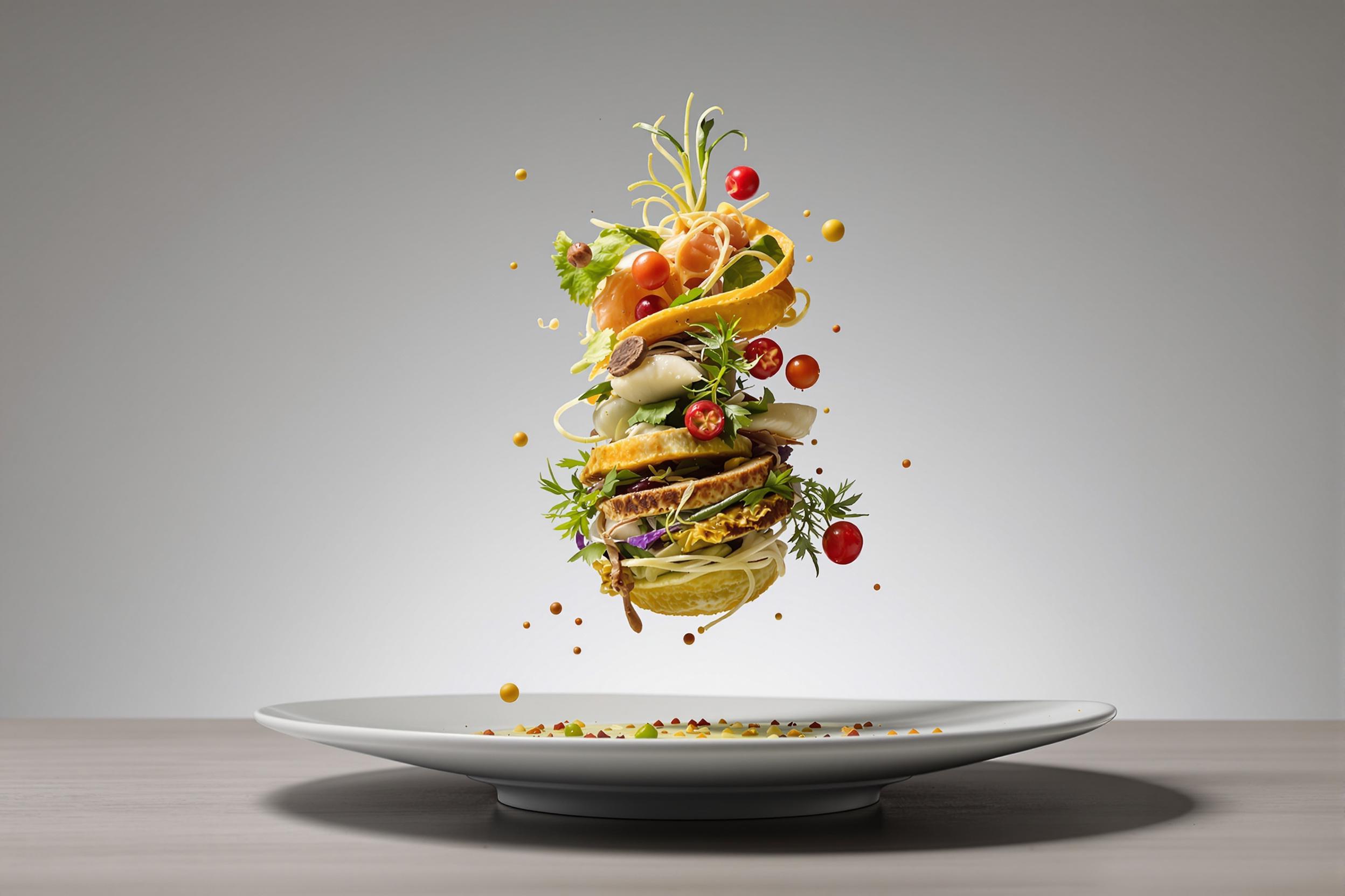 Discover the intersection of gastronomy and physics in this captivating experimental photograph. A meticulously arranged meal appears to defy gravity, suspended in mid-air against a minimalist background.