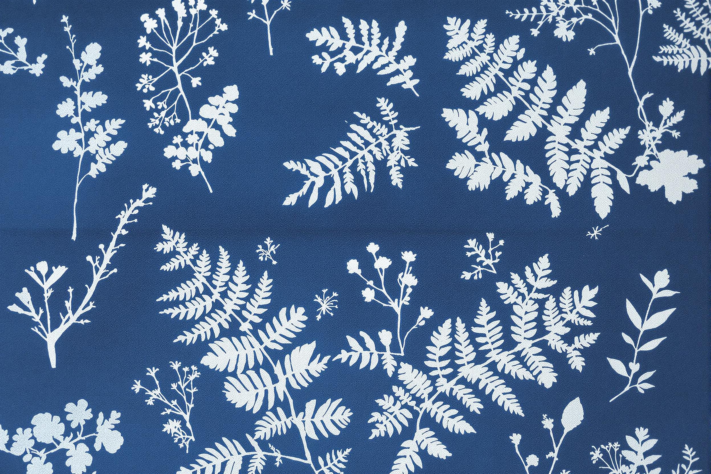 Discover the ethereal beauty of cyanotype printing in this experimental photograph. Delicate fern fronds and wildflower silhouettes create intricate white patterns against a deep Prussian blue background on textured fabric, showcasing the intersection of botany and alternative photographic processes.