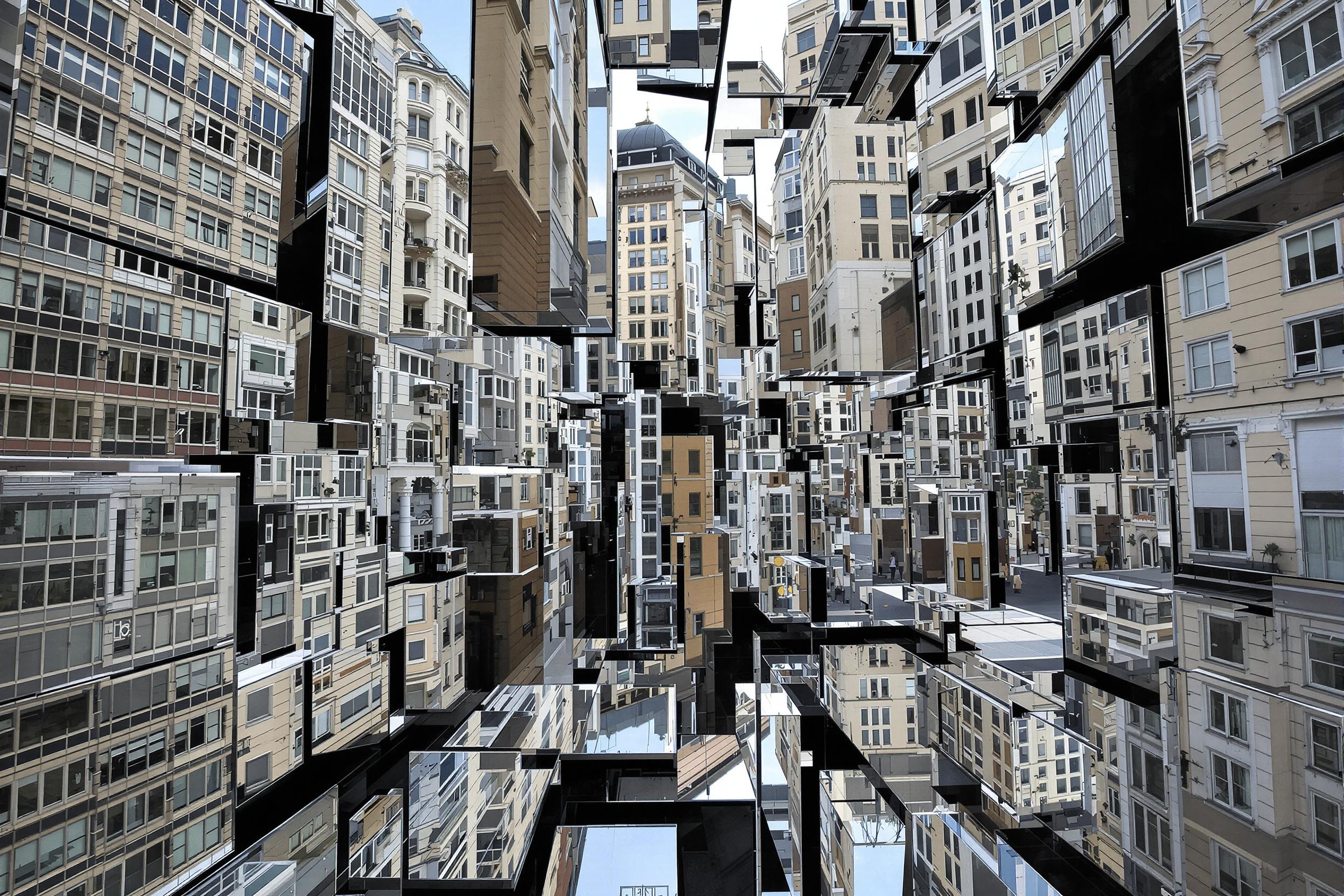 Discover a mind-bending architectural experiment where a cityscape is deconstructed through a series of strategically placed mirrors. This image captures the fragmented reflections of urban structures, creating a disorienting yet captivating visual puzzle that challenges our perception of space and form.