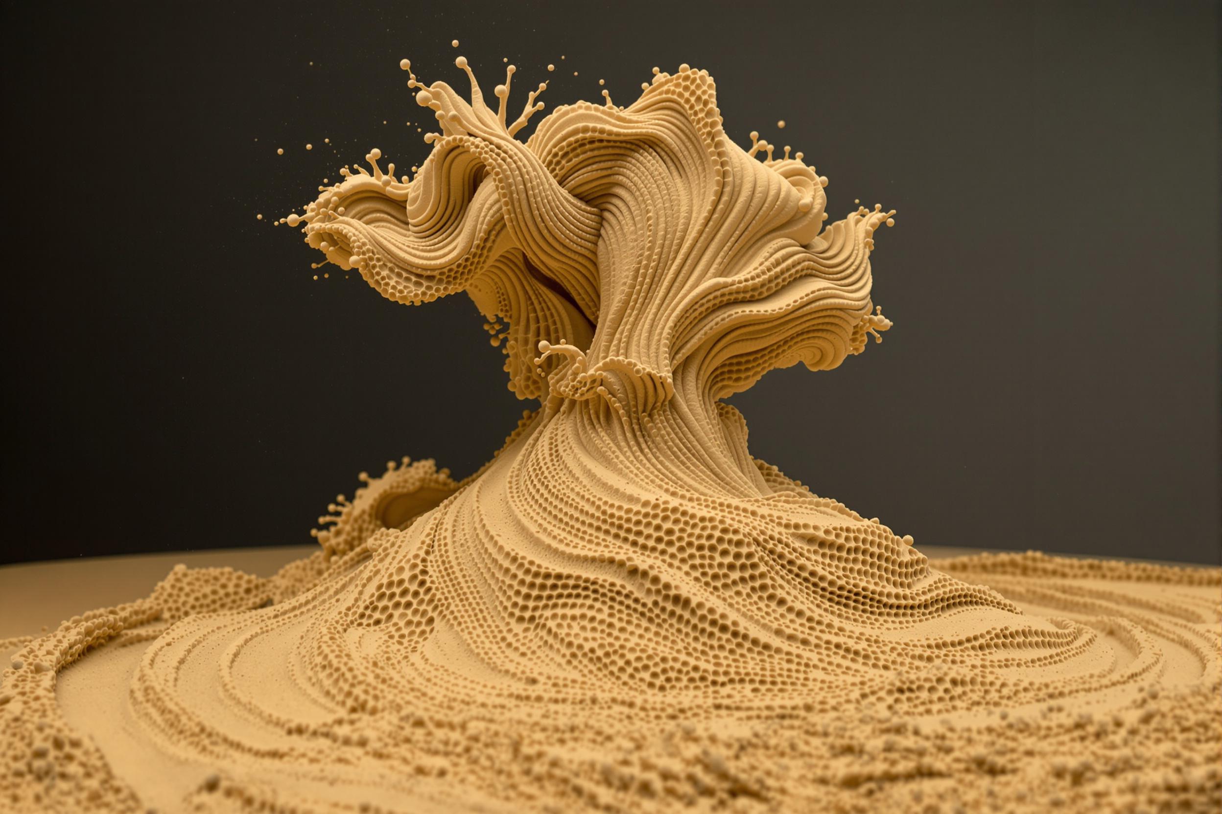 Witness the captivating fusion of art and physics in this experimental photograph. A mesmerizing kinetic sand sculpture defies gravity, its fluid-like form suspended mid-motion. The intricate patterns and textures create a visual paradox of movement and stillness.