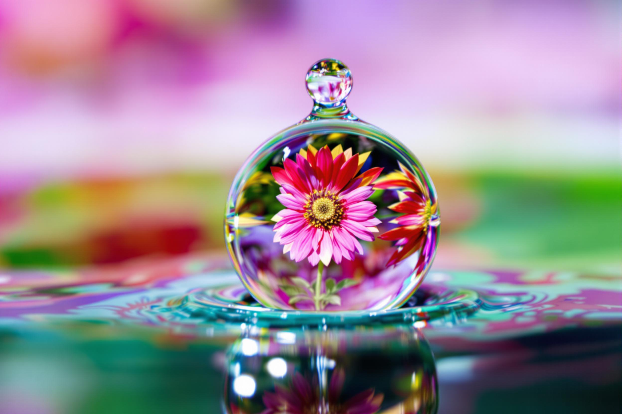 Discover the mesmerizing world of experimental liquid lens photography. This captivating image showcases a vibrant flower refracted through a perfect water droplet, creating a miniature, inverted world within a sphere.