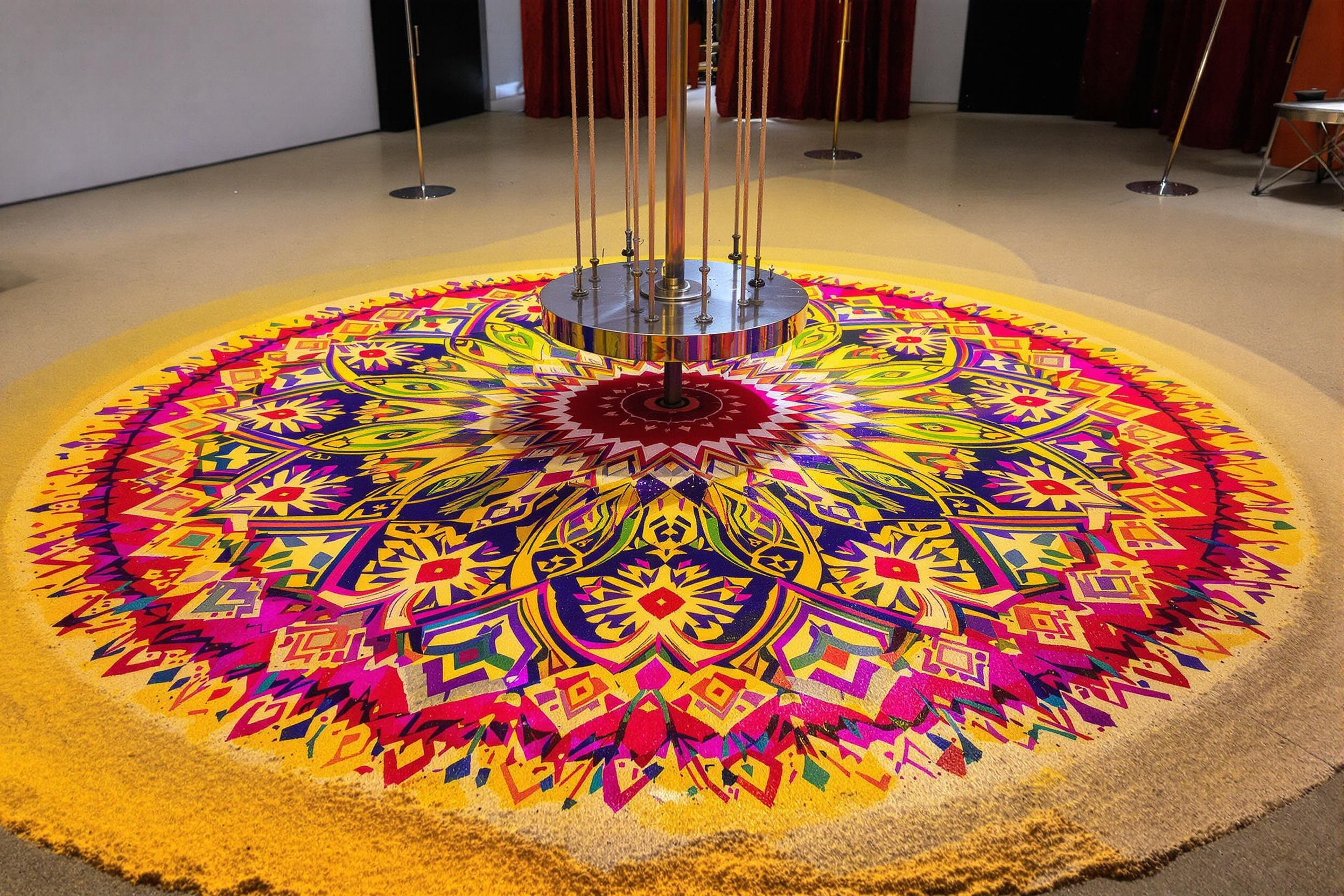 Explore the mesmerizing intersection of physics and art in this experimental photograph. A large-scale pendulum traces intricate mandala-like patterns in colorful sand, creating a stunning visual representation of harmonic motion and symmetry.