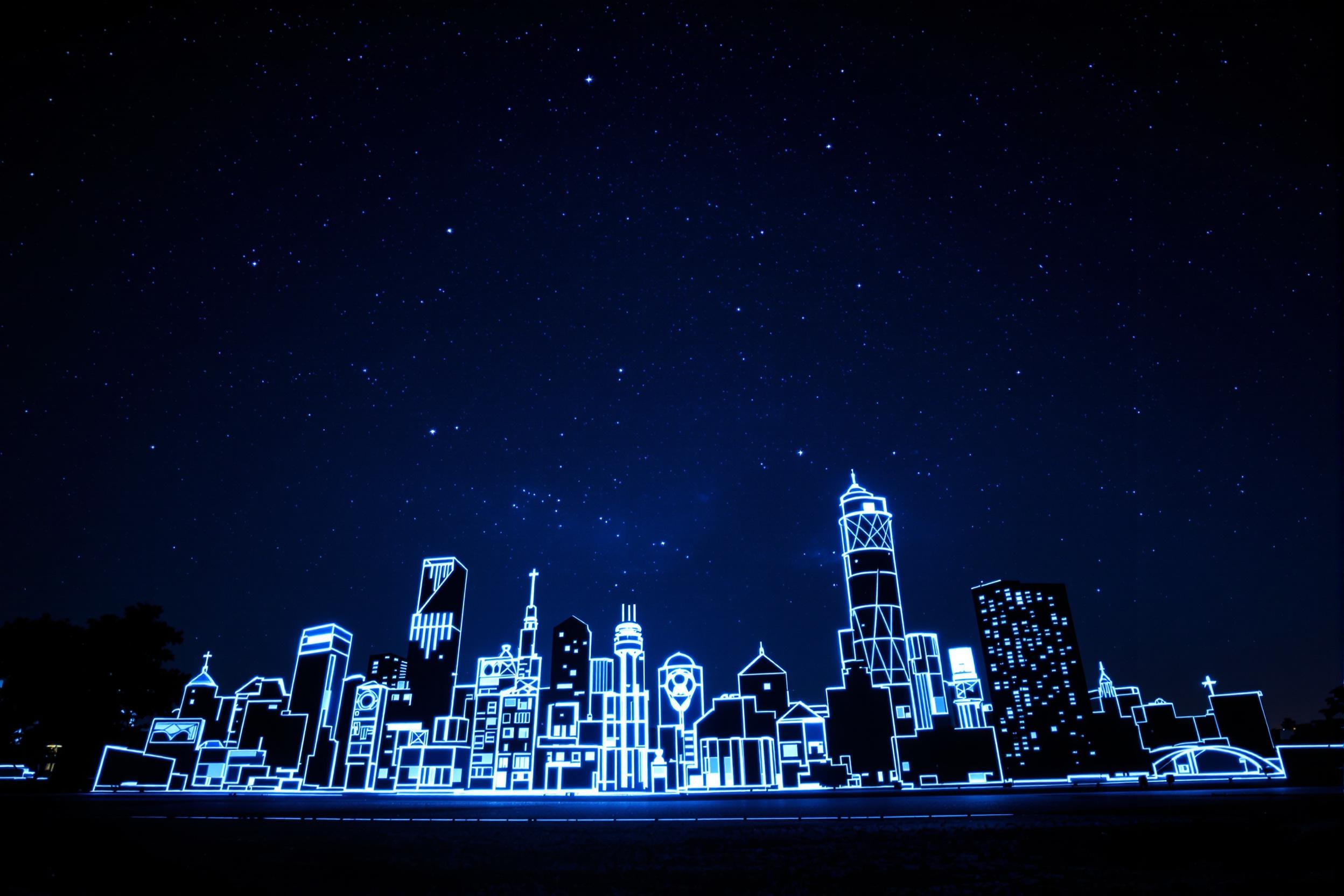 Discover the magic of experimental light painting in this captivating nighttime cityscape. A handheld light source traces the silhouette of a modern urban skyline against a starry backdrop, creating a mesmerizing blend of reality and artistic interpretation.