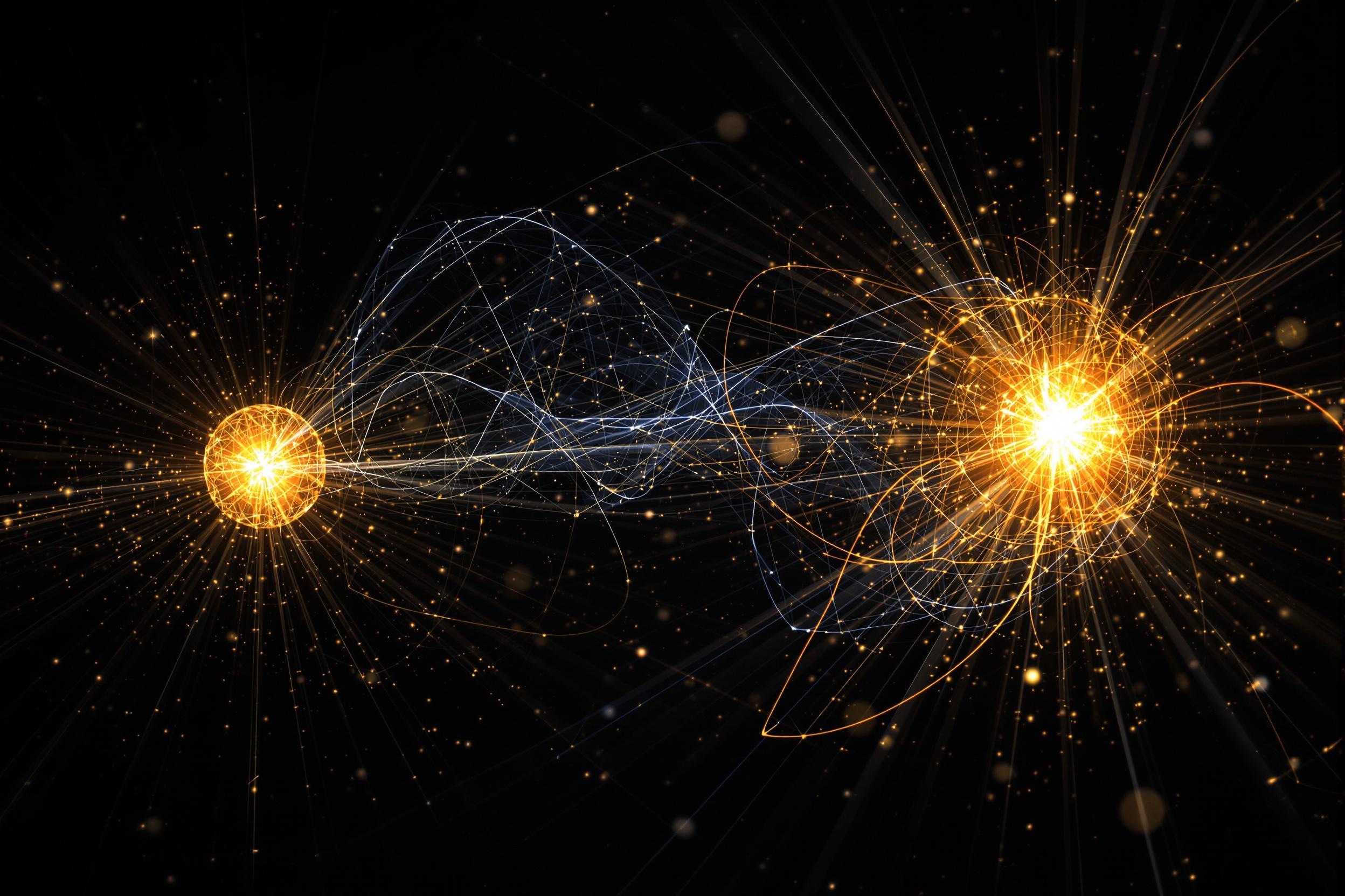 Innovative experimental photograph capturing the elusive concept of quantum entanglement. Two glowing orbs represent subatomic particles, connected by ethereal strands of light against a dark background, illustrating the mysterious phenomenon of quantum physics.