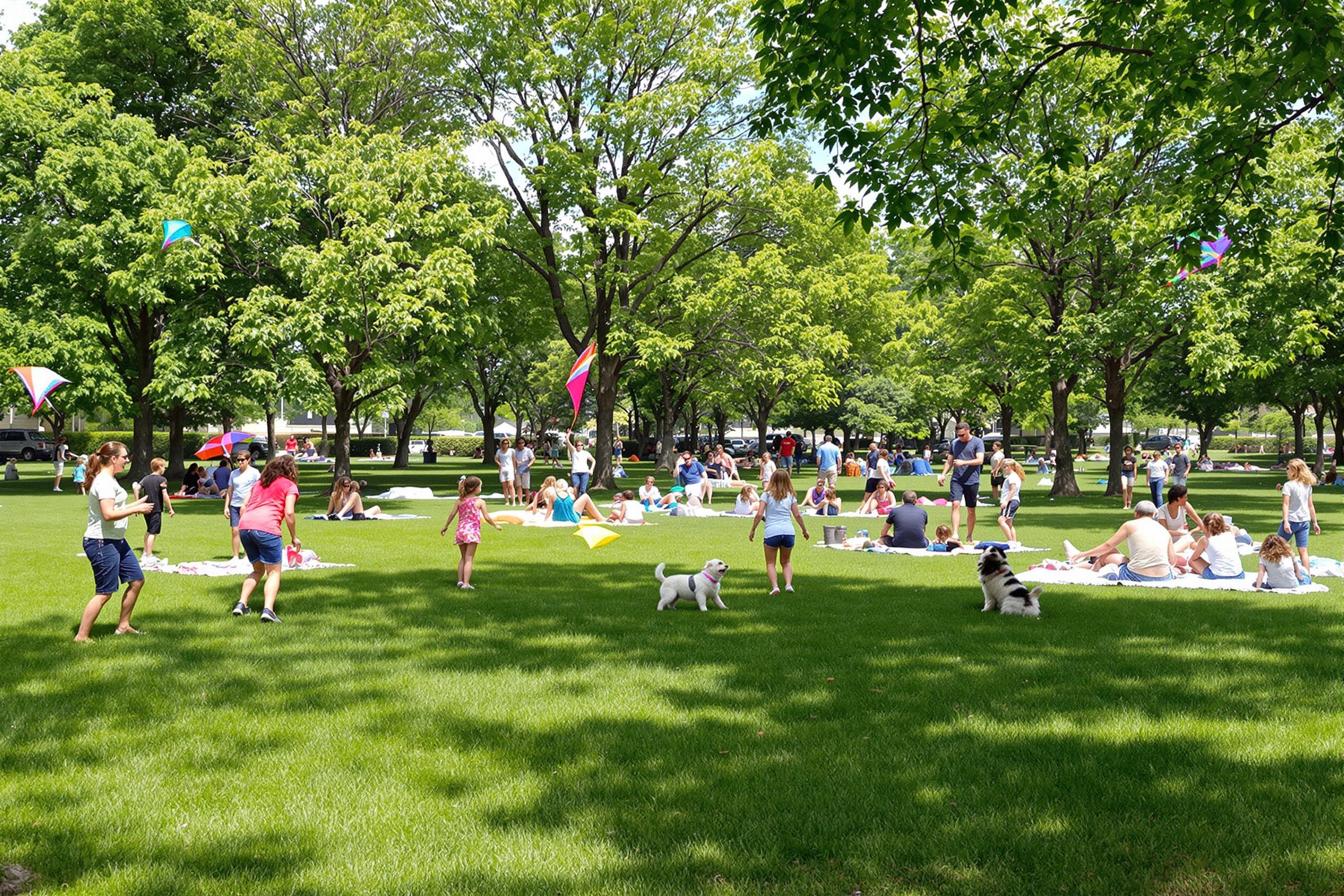 A lively community park bursts with activity as families enjoy a sunny spring day. Children play tag across lush green grass, their joyous laughter filling the air. Colorful kites soar above, while parents relax on picnic blankets under the shade of leafy trees. Nearby, a playful dog joins in the fun, capturing the essence of outdoor leisure.